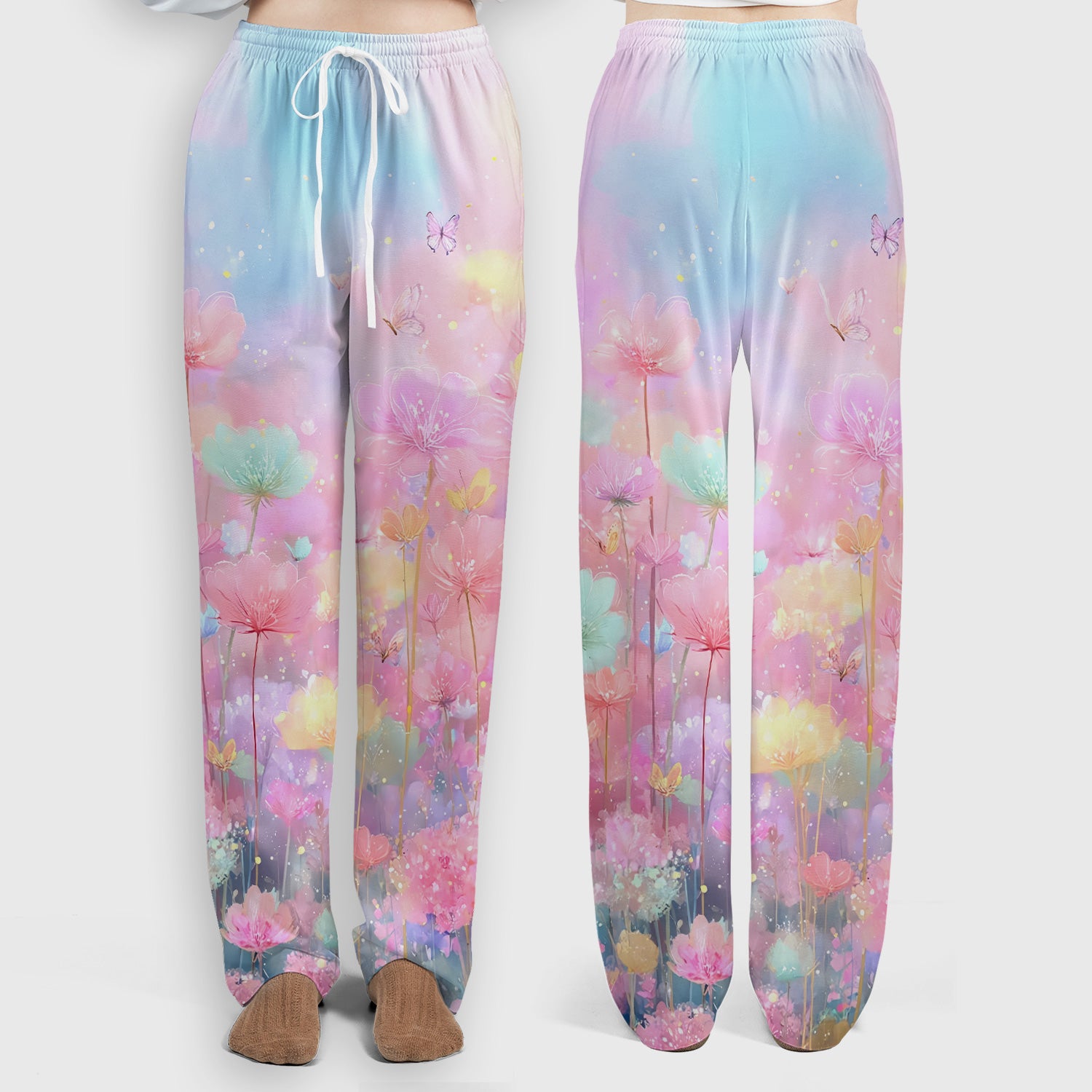 Dreamy Pastel Watercolor Floral Garden Scrub Set, Scrub Pants and V Neck Top