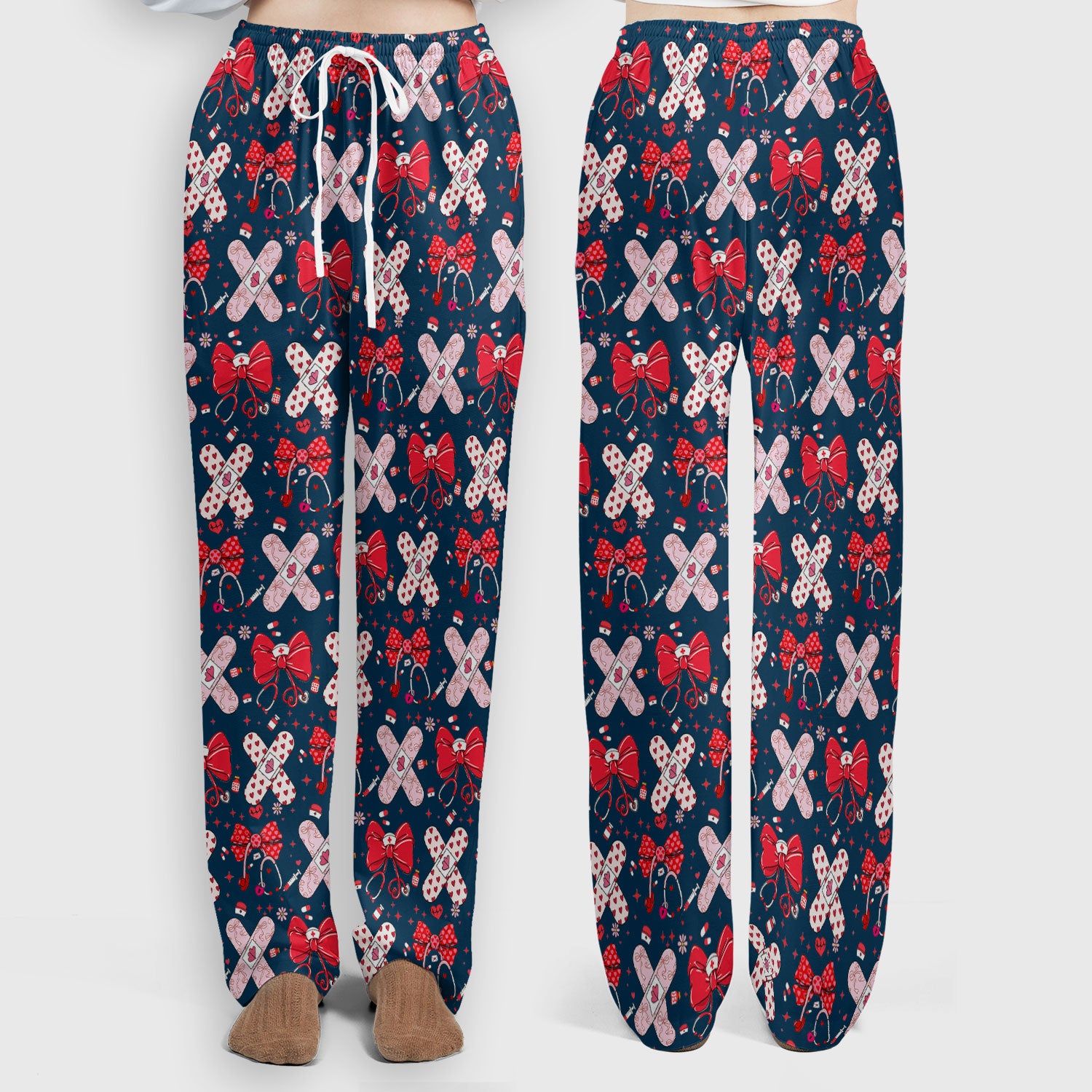 Valentine Nurse Scrub Set, Red Bow And Heart Bandage Pattern Medical Shirt, Breathable Fabrics Nursing Uniform