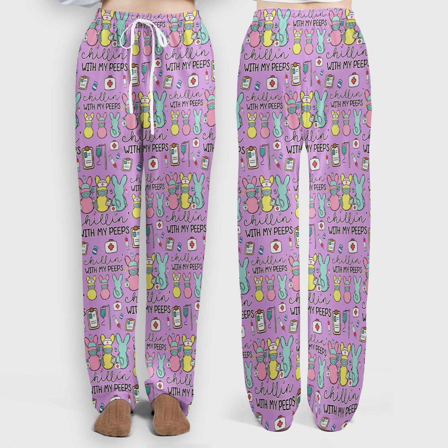 Cute Bunny Nurse Chillin With My Peeps Scrub, Women's Scrub Sets