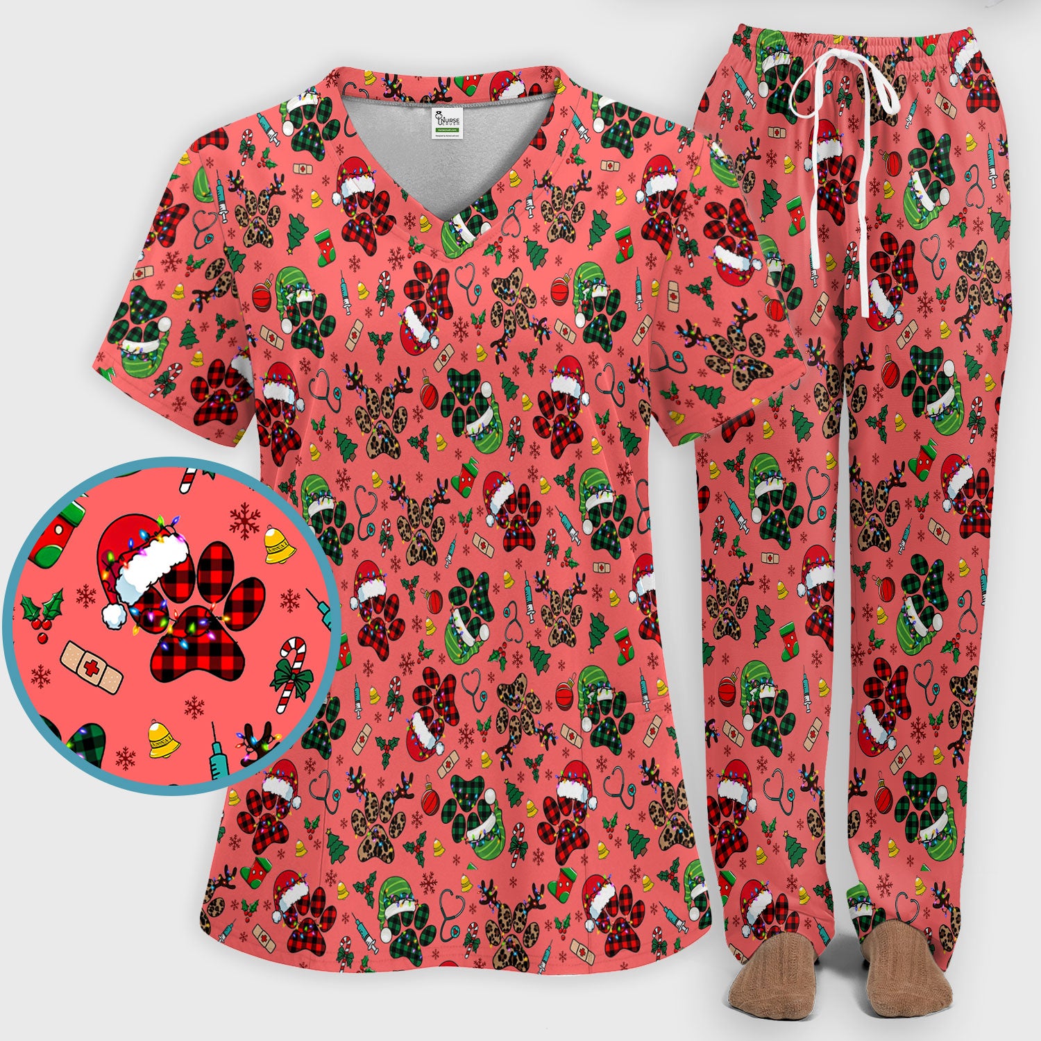 Christmas Paw Print Scrub Set for Nurses - Cute Leopard Holiday Pants and V Neck Top - Funny Pet Medical Uniform Gift