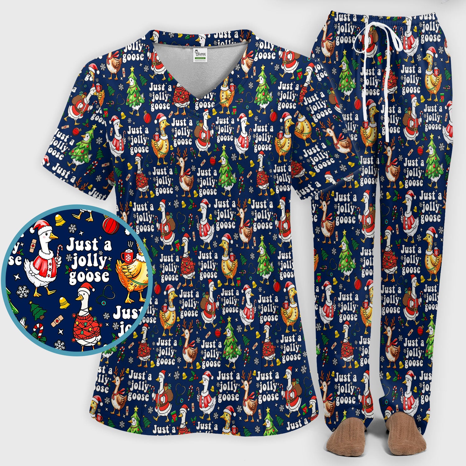 Just a Jolly Goose Funny Christmas Scrub Set - Holiday Medical Uniform for Nurse - Santa Goose Pants and Top