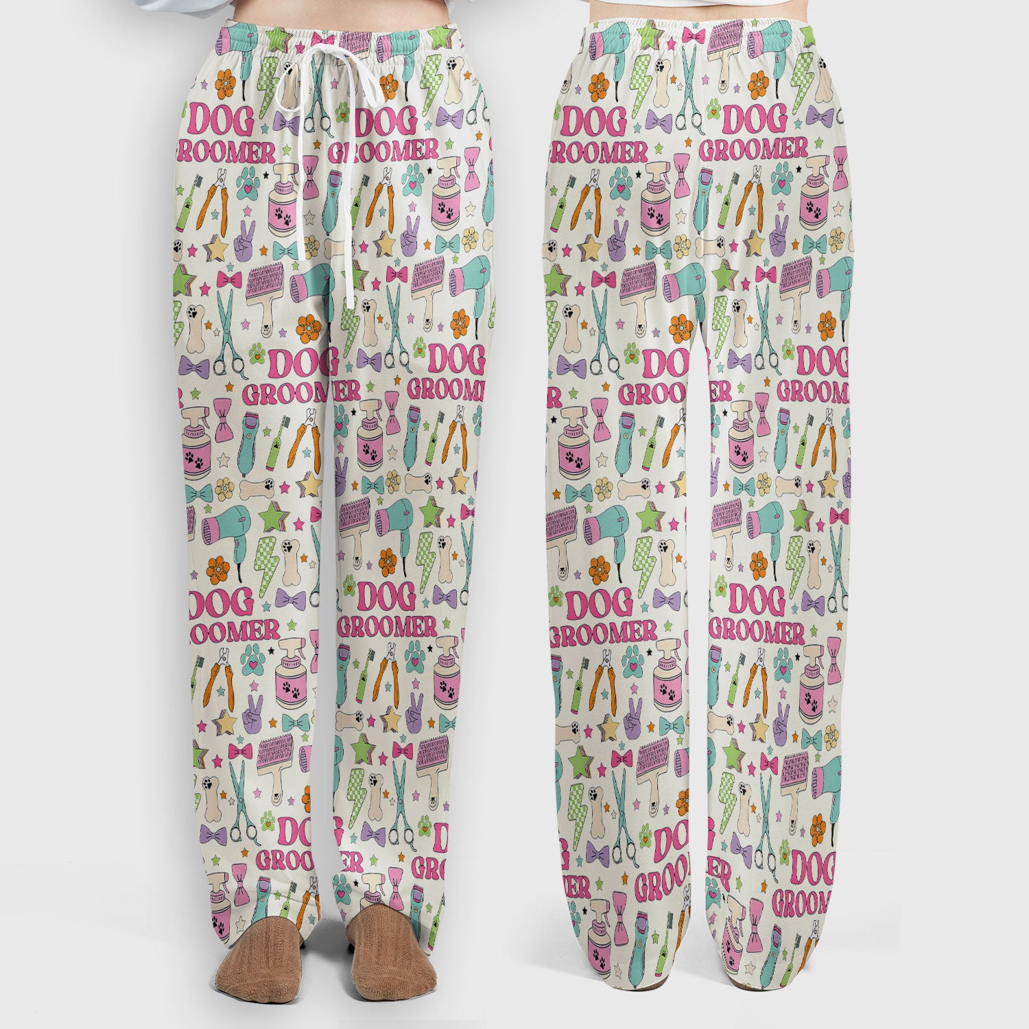 Dog Groomer Tools Pattern Women's Scrub Set, Scrub Pants and V Neck Top