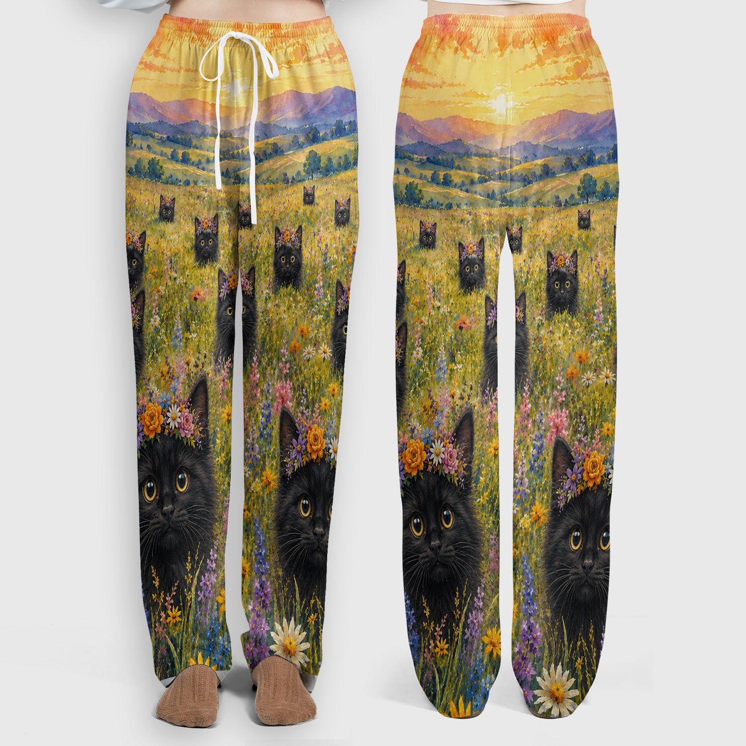 Black Kitten Flower Meadow Pattern Scrub Set, Scrub Pants and V Neck Top