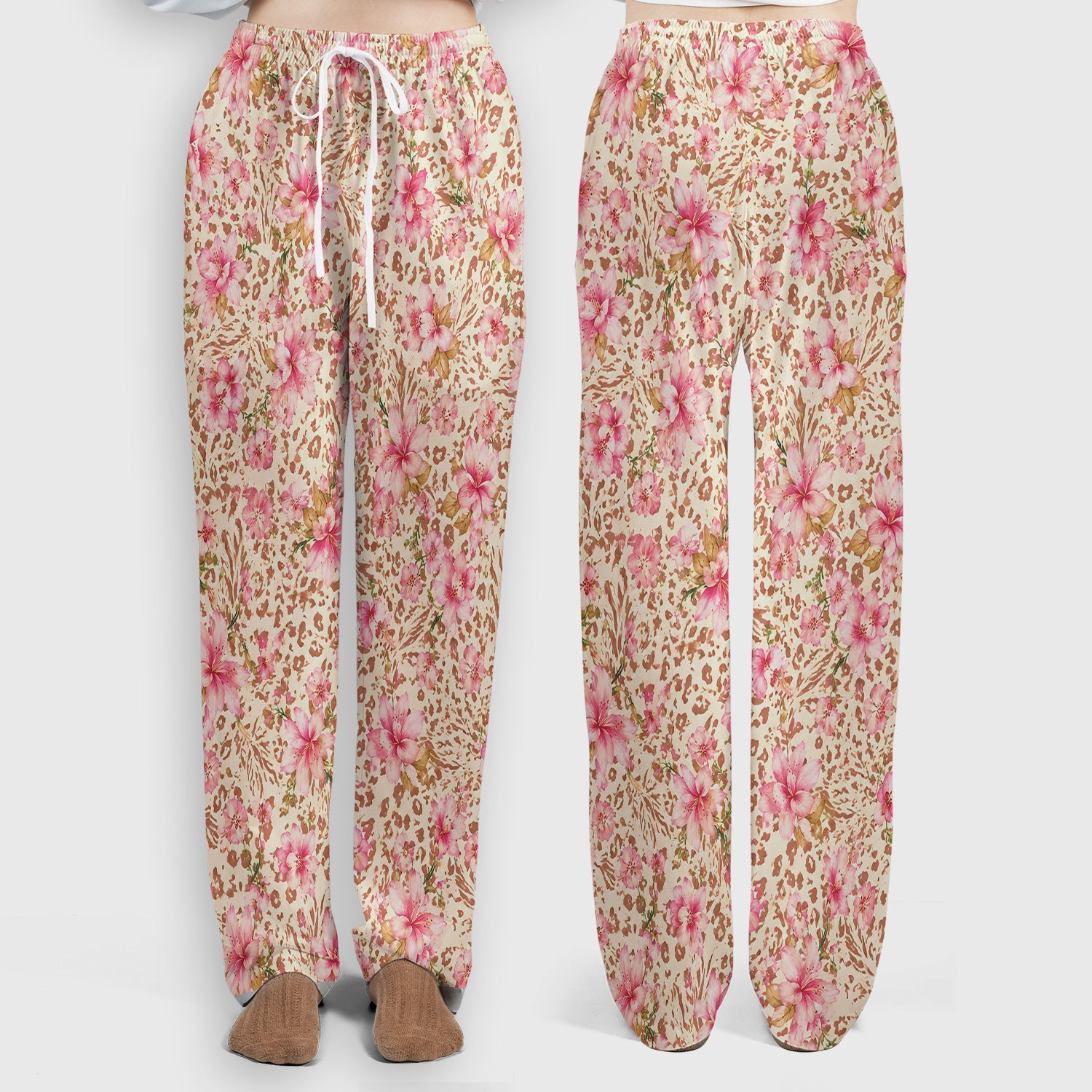 Pink Floral Leopard Print Pattern Scrub Set, Scrub Pants and V Neck Top