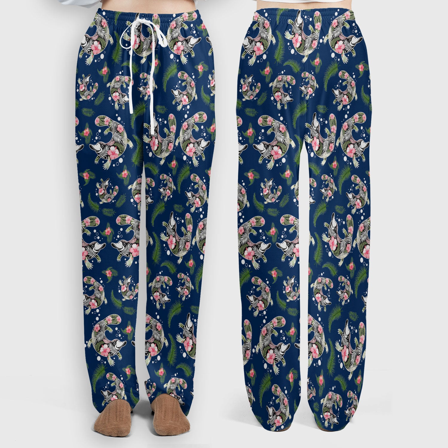 Cute Platypus Scrub Set, Tropical Floral Animal Pattern Nurse Shirt, Breathable Fabrics Nursing Uniform