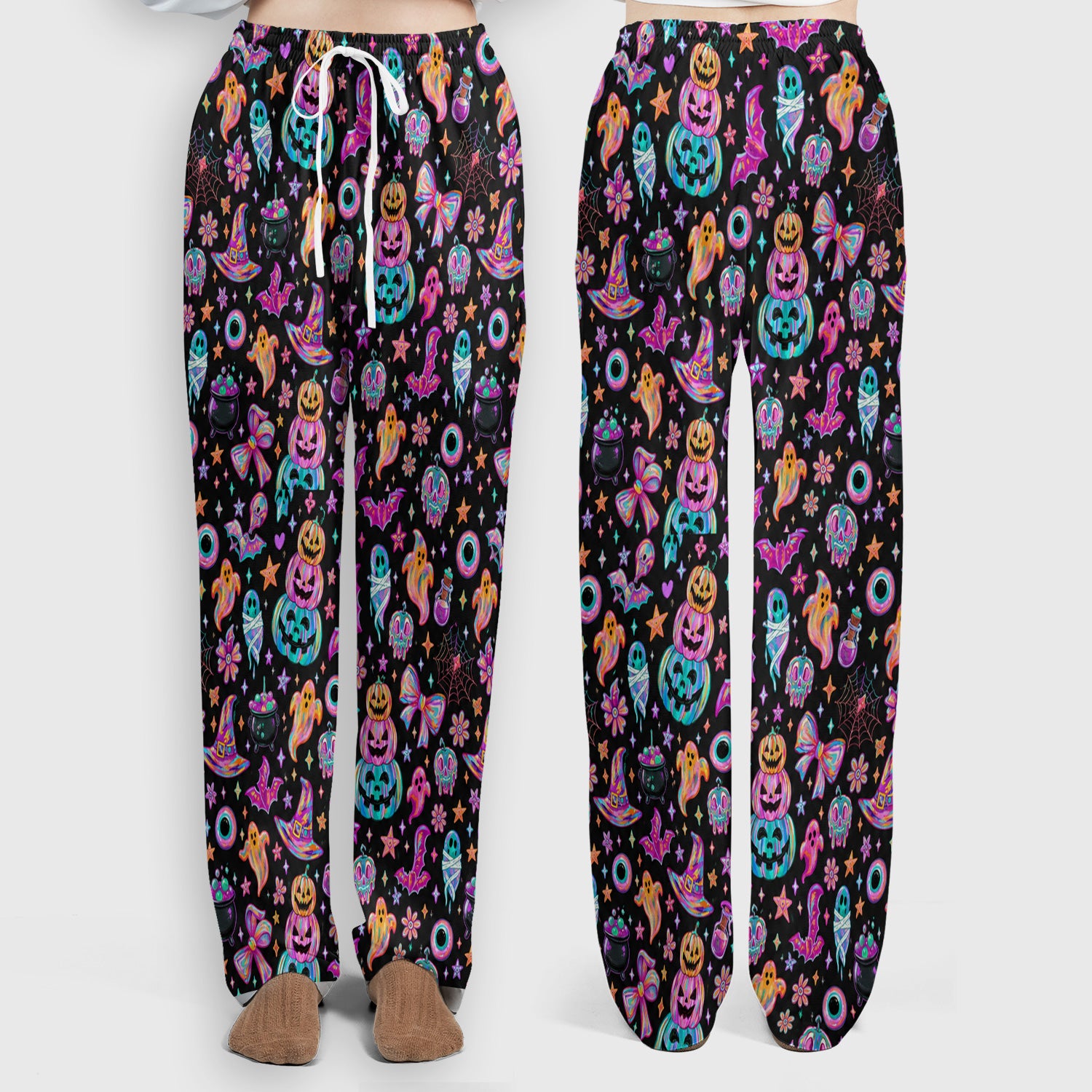 Halloween Ghost with Pumpkin Bat Print Scrub Set, Scrub Pants and V Neck Top