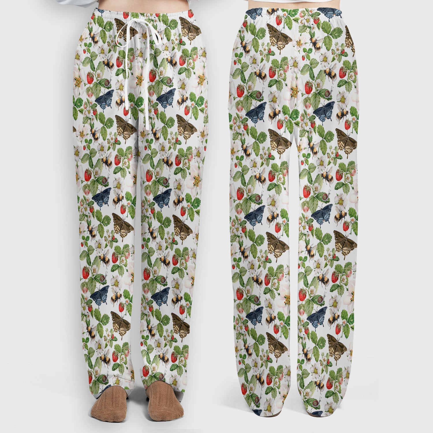 Charming Strawberry Butterfly Garden Pattern Scrub Set, Scrub Pants and V Neck Top