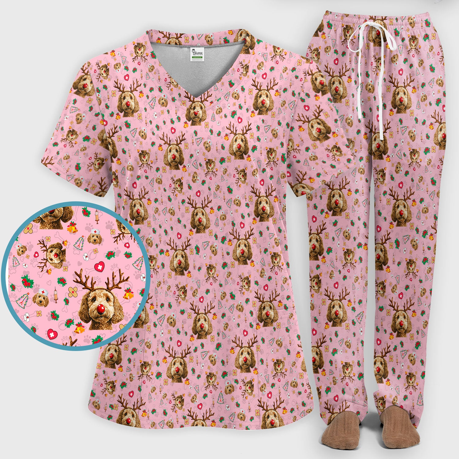 Christmas Labradoodle Scrub Set - Funny Reindeer Dog Nurse Pants and V Neck Top - Cute Holiday Medical Uniform