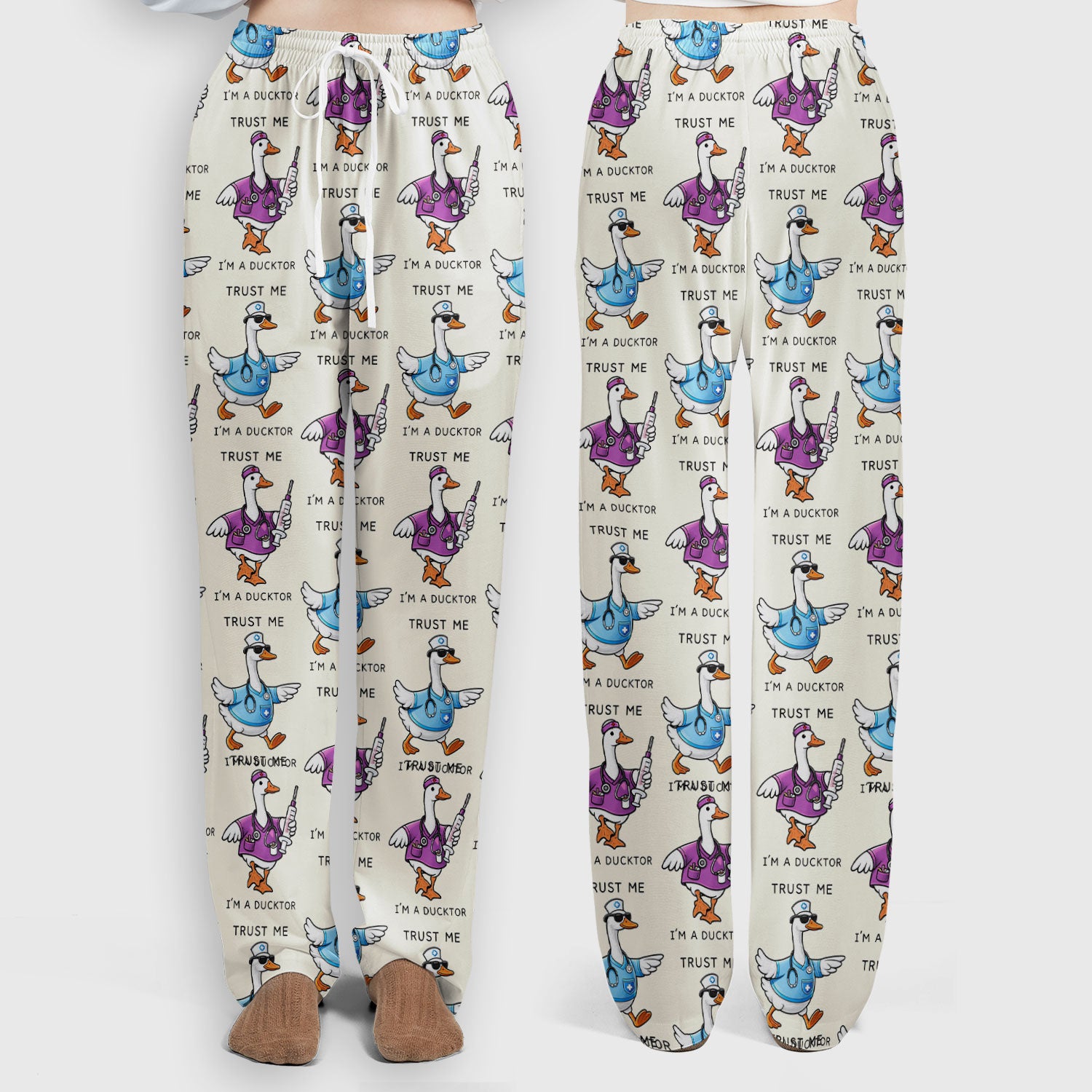 Funny Duck Cartoon Medical Pattern Scrub Set, Scrub Pants and V Neck Top