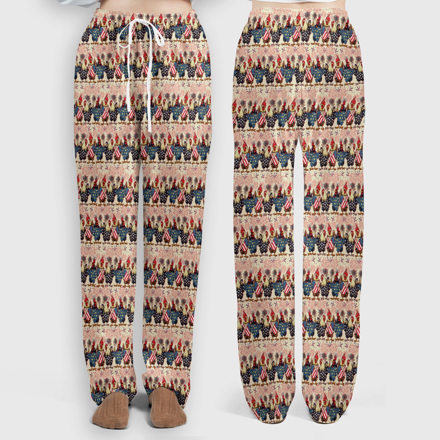 Patriotic Rooster Fireworks Pattern Scrub Set, Scrub Pants and V Neck Top