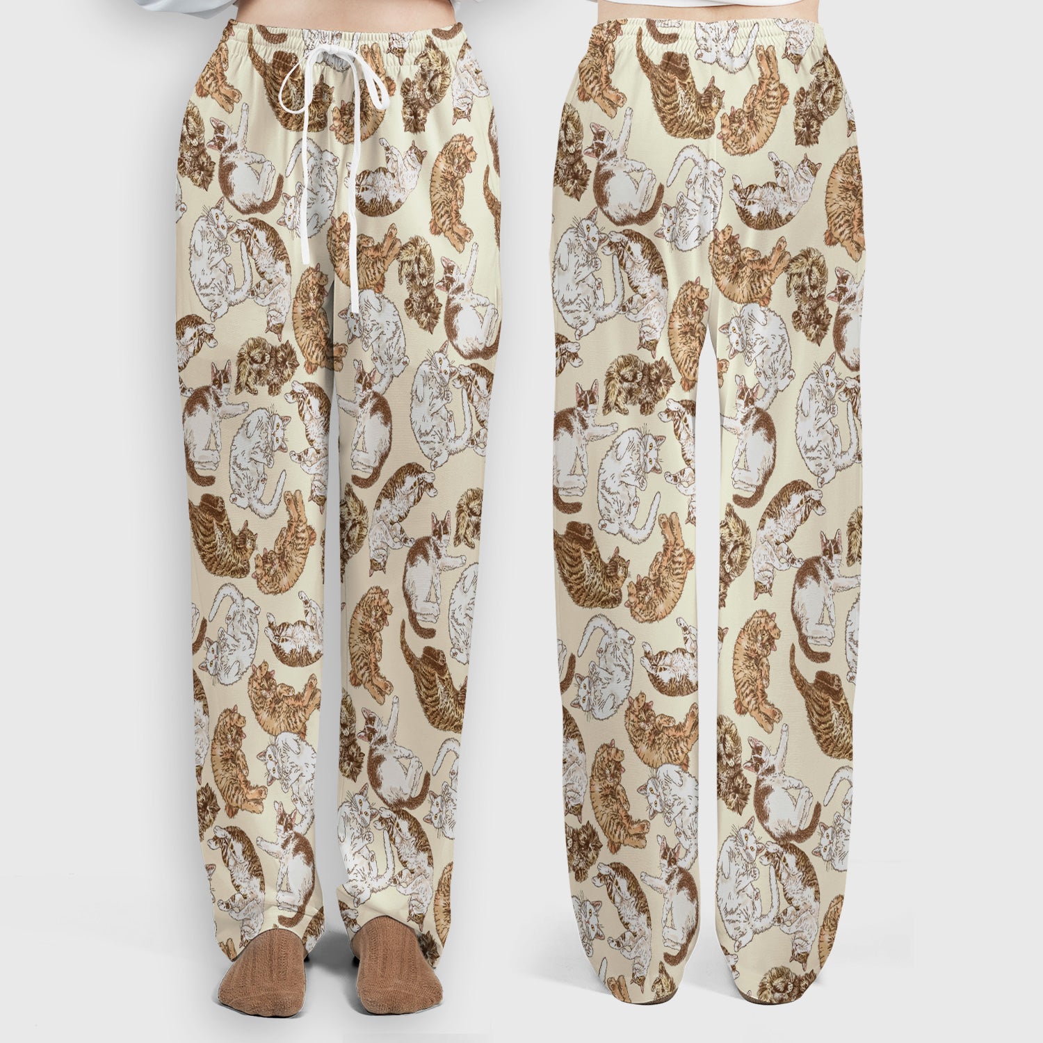 Cute Lazy Cat Nap Pattern Scrub Set, Scrub Pants and V Neck Top