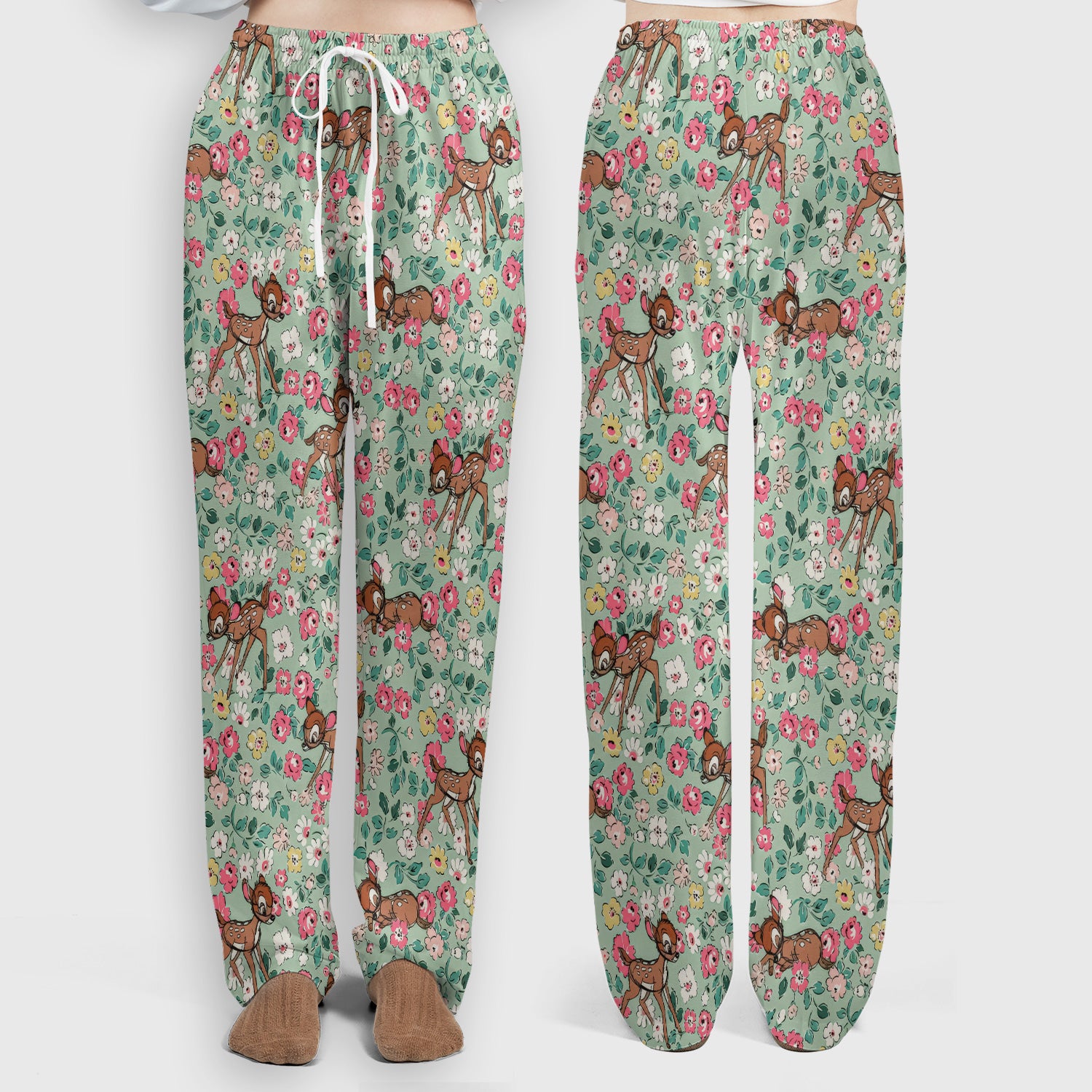 Cute Baby Deer Floral Pattern Scrub Set, Scrub Pants and V Neck Top
