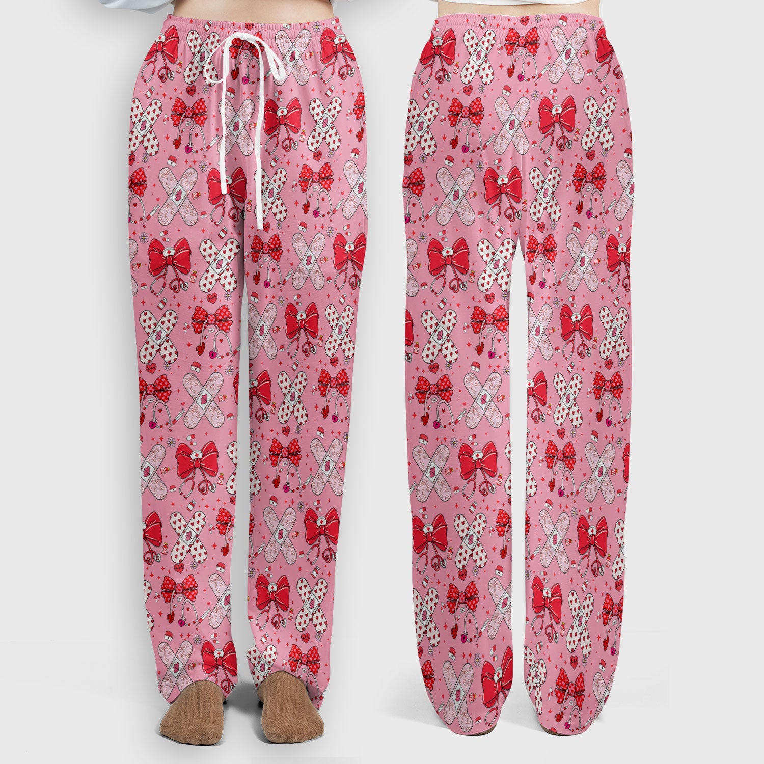 Valentine Nurse Scrub Set, Red Bow And Heart Bandage Pattern Medical Shirt, Breathable Fabrics Nursing Uniform