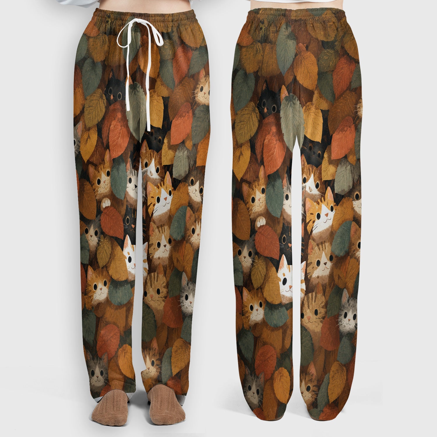 Cute Autumn Cat Leaf Pile Pattern Scrub Set, Scrub Pants and V Neck Top