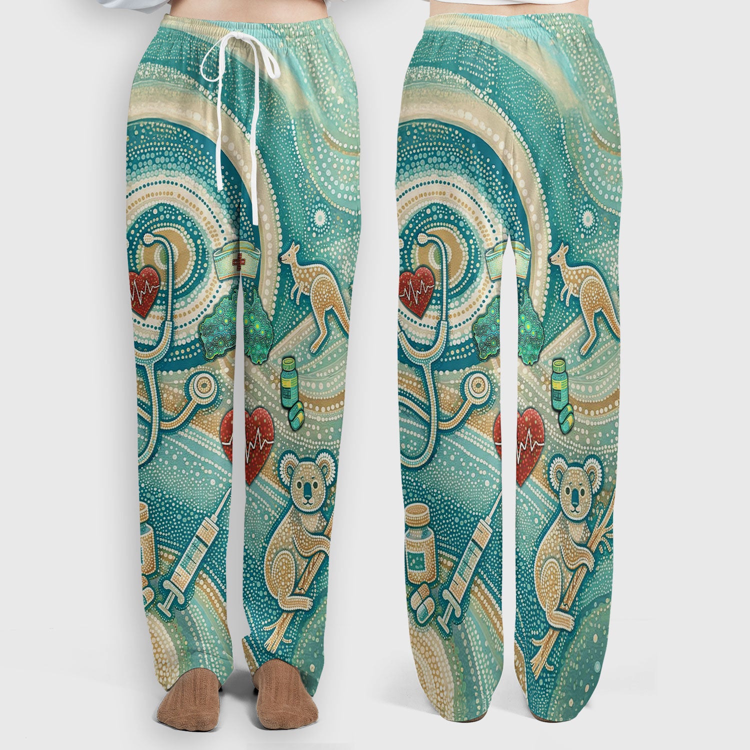 Australian Wildlife Dot Art Inspired - Koala Gangaroo Aussie Medical Scrub Set - Women Uniform