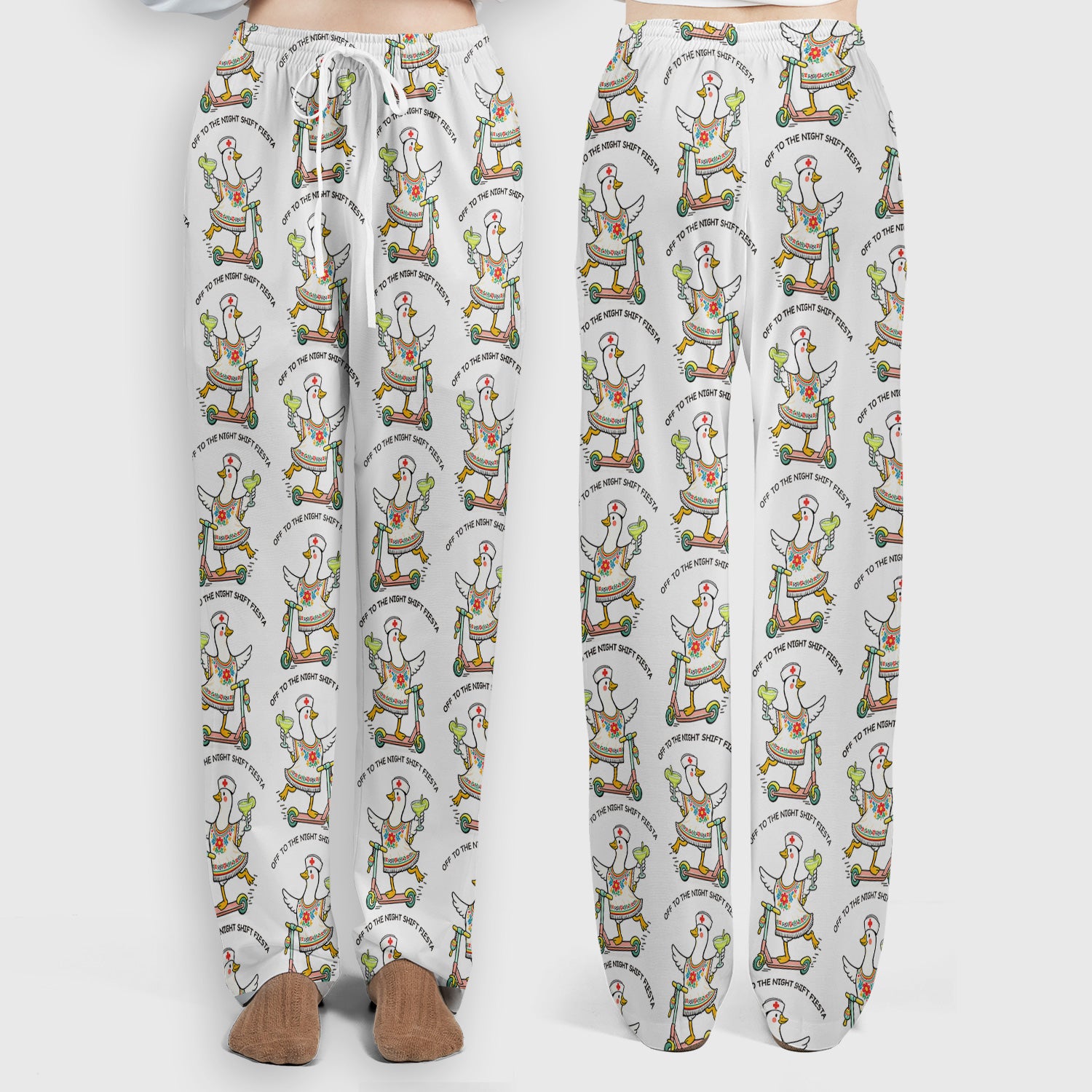 Funny Duck Scooter Night Shift Fiesta Scrub Set, Scrub Pants and V Neck Top