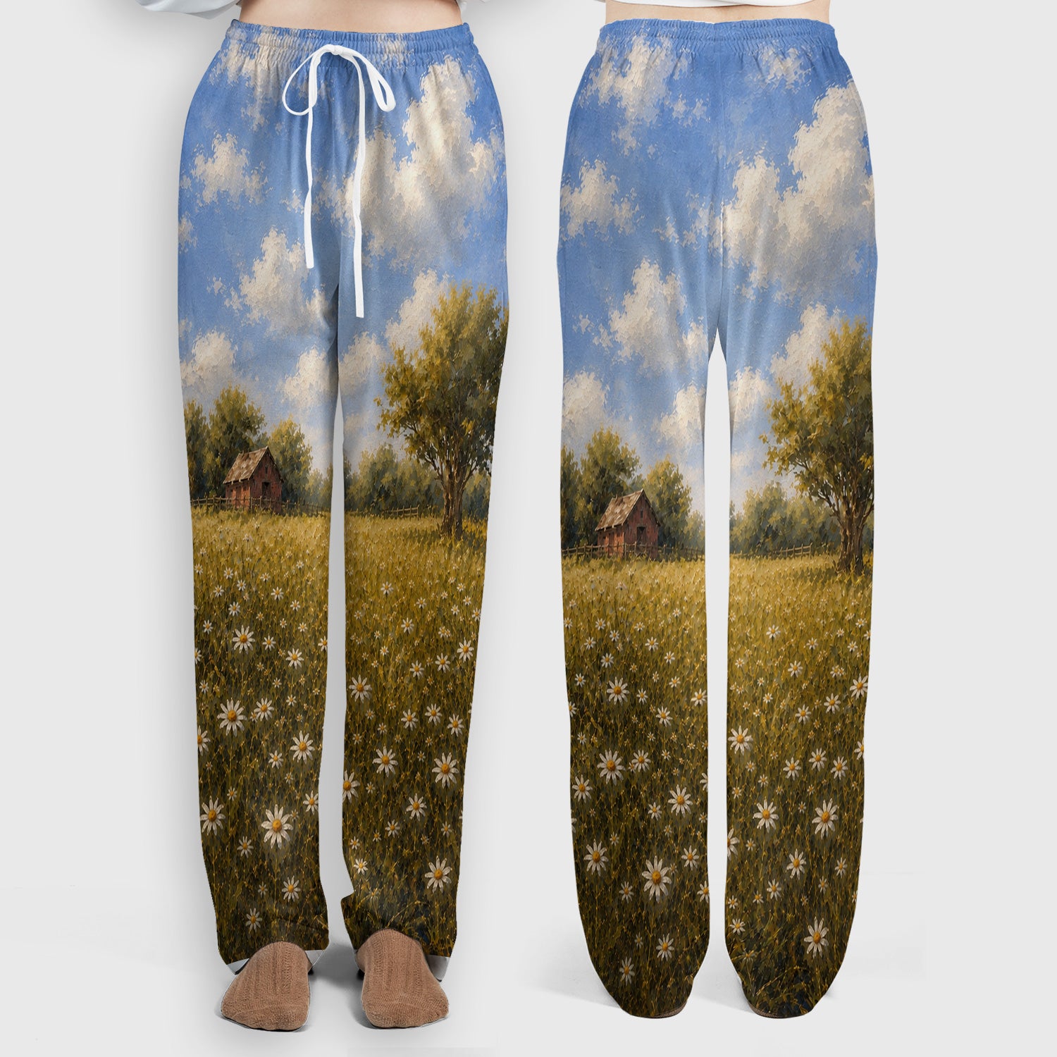 Cute Farmhouse Goose Meadow Pattern Scrub Set, Scrub Pants and V Neck Top