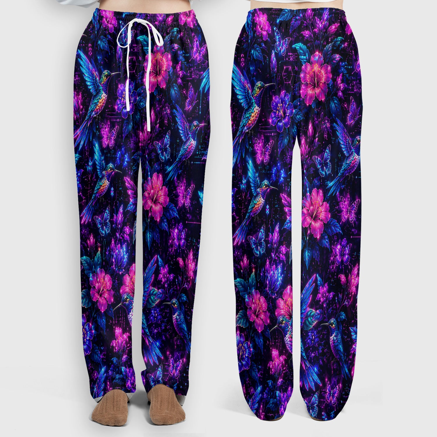 Neon Hummingbird Butterfly Bloom Pattern Scrub Set, Scrub Pants and V Neck Top