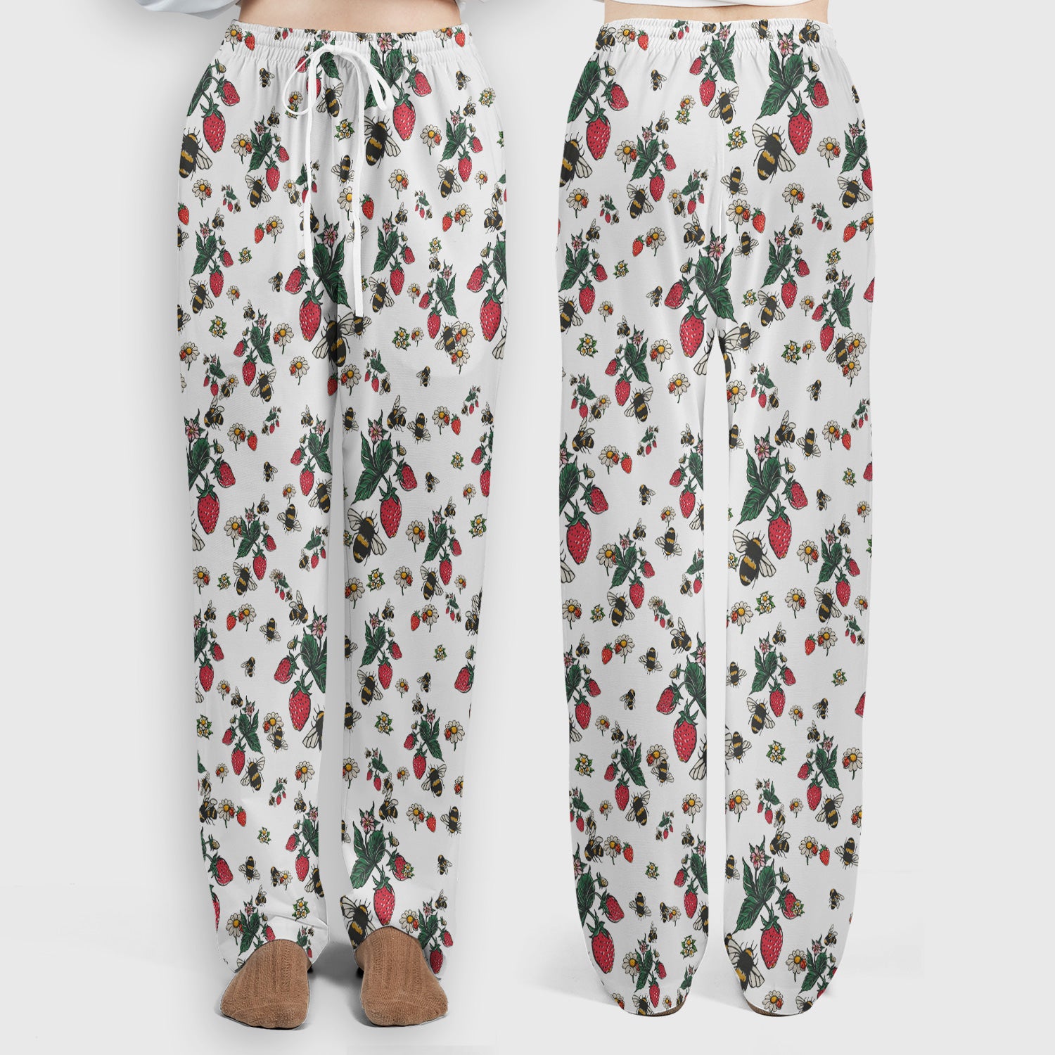 Cute Strawberry Bee Daisy Floral Pattern Scrub Set, Scrub Pants and V Neck Top