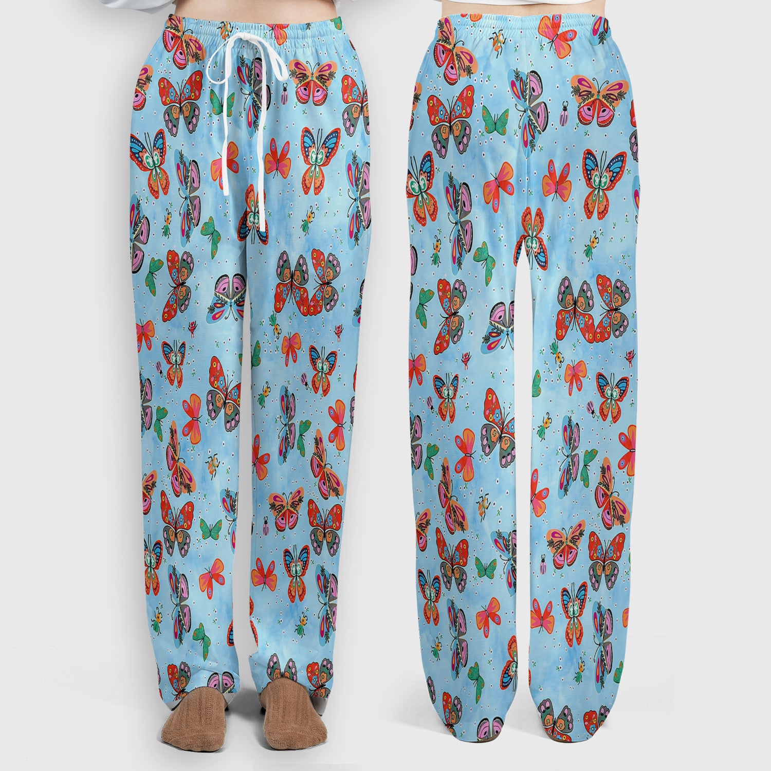 Colorful Butterfly Garden Pattern Scrub Set, Scrub Pants and V Neck Top