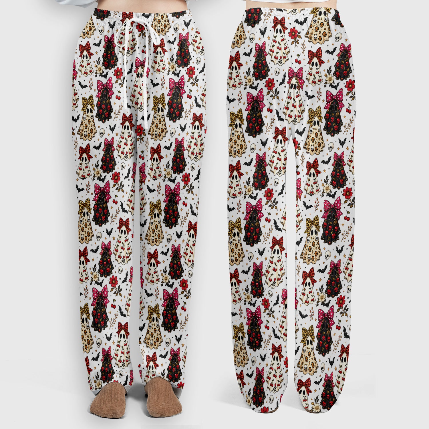 Spooky Halloween Ghost Pattern Scrub Set, Scrub Pants and V Neck Top