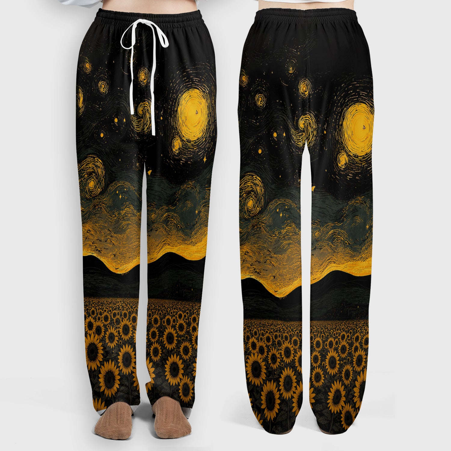 Cute Black Cat Sunflower Night Pattern Scrub Set, Scrub Pants and V Neck Top