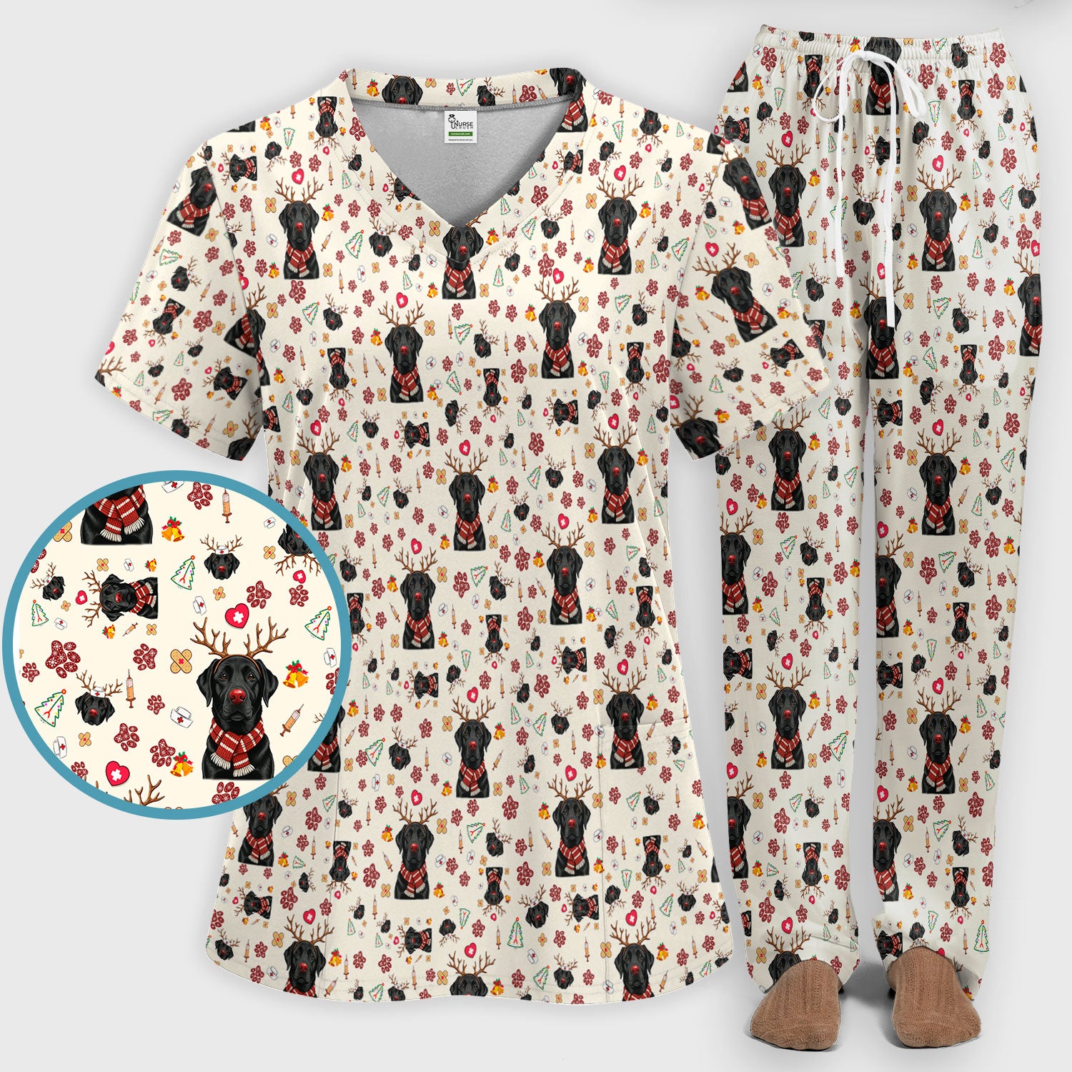 Black Lab Christmas Scrub Set - Funny Labrador Nursing Pants and V Neck Top - Cute Holiday Medical Uniform
