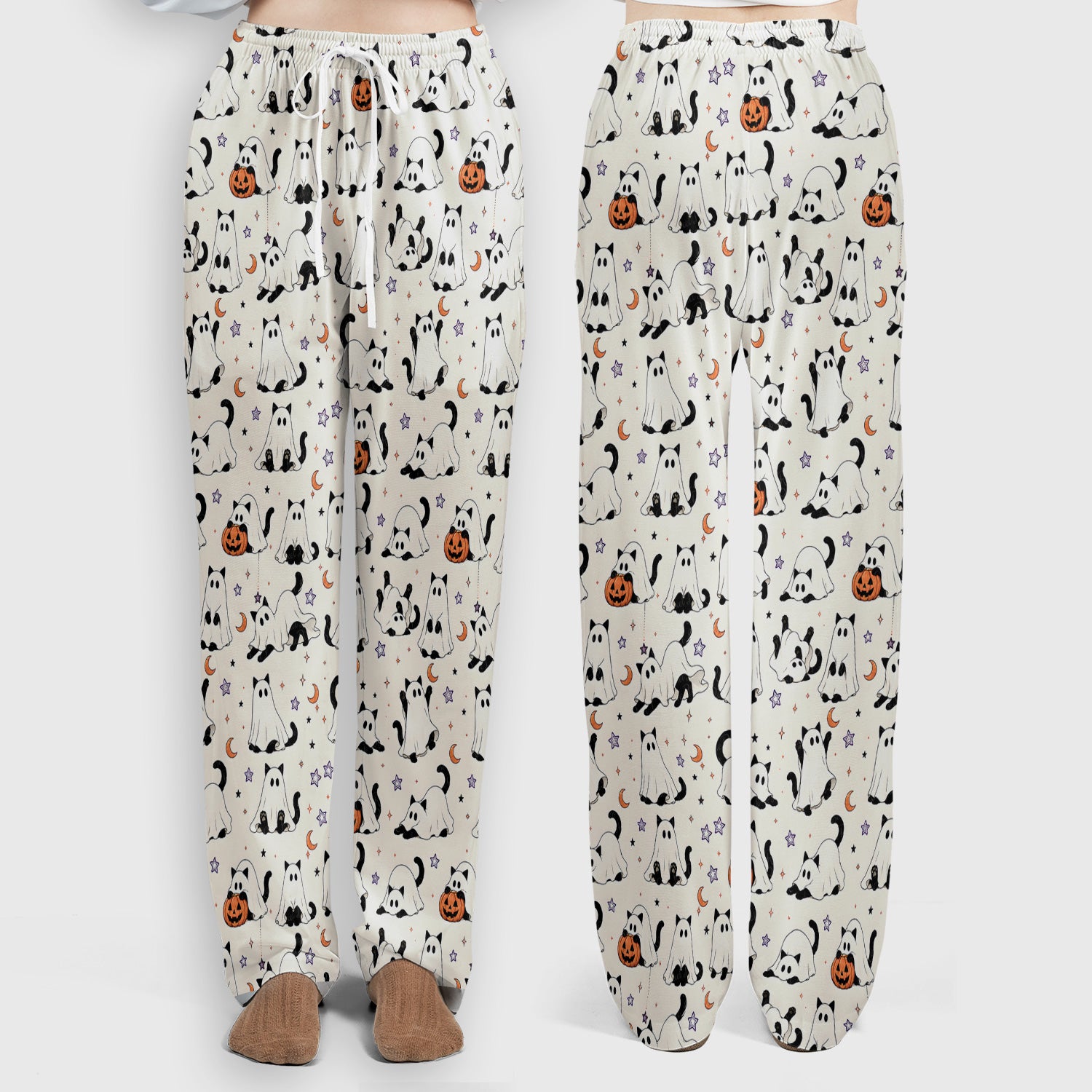 Halloween Ghost Cats And Pumpkins Scrub Set, Scrub Pants and V Neck Top