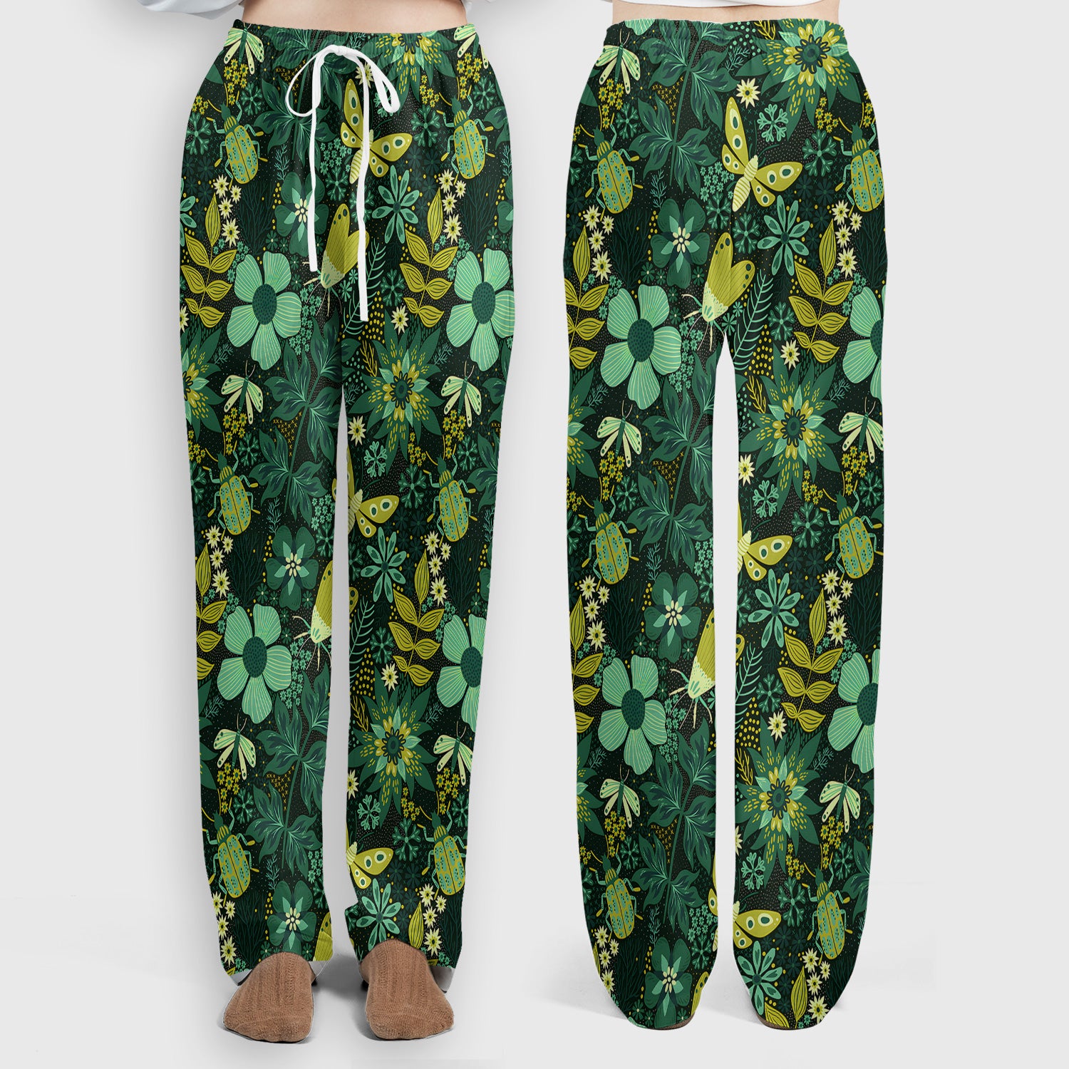 Green Botanical Butterfly Pattern Scrub Set, Scrub Pants and V Neck Top
