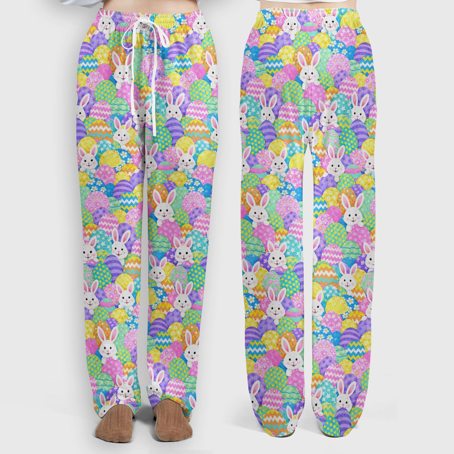 Easter Bunny Colorful Egg Pattern Print Scrub Set, Scrub Pants and V Neck Top