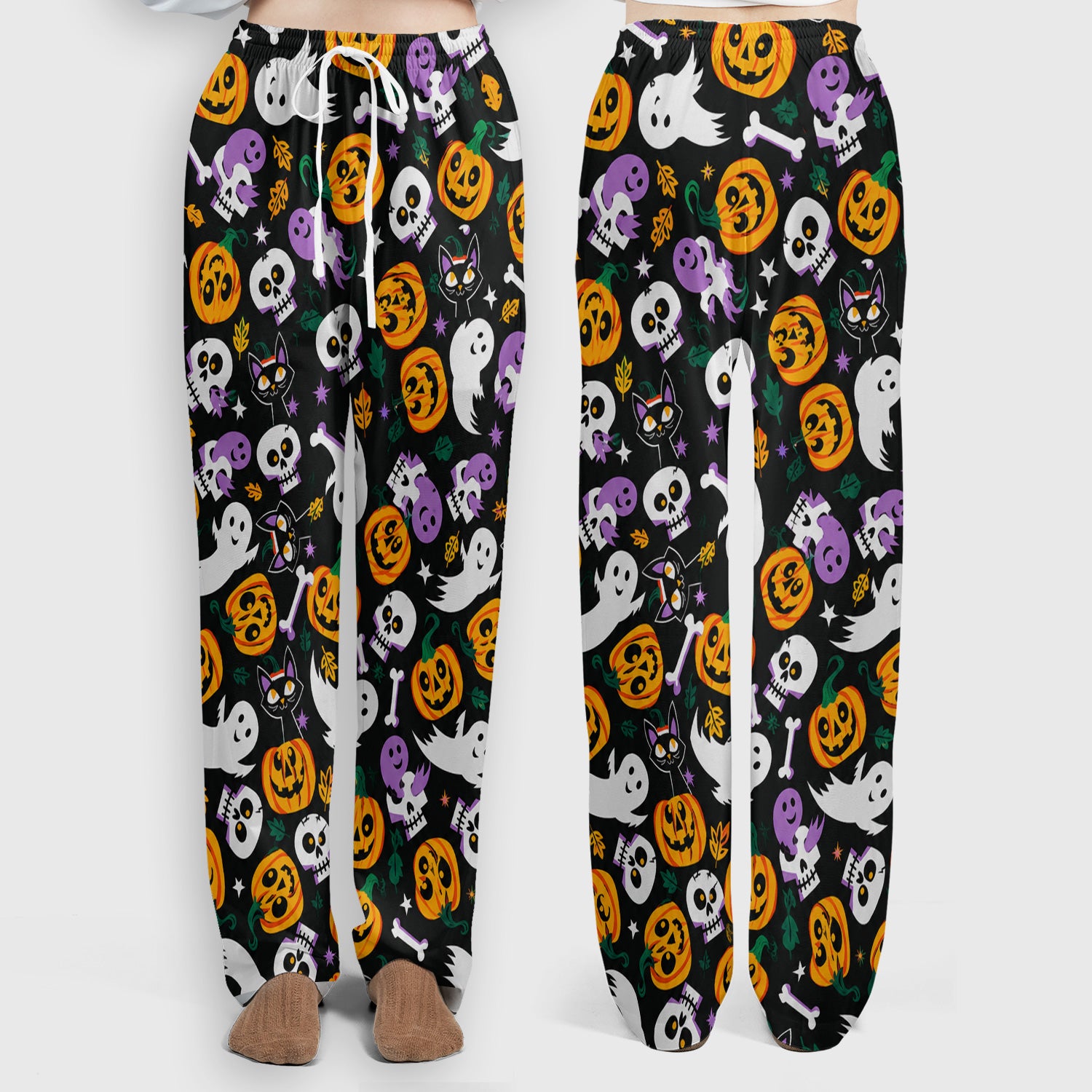 Spooky Pumpkin Ghost Print Scrub Set, Scrub Pants and V Neck Top