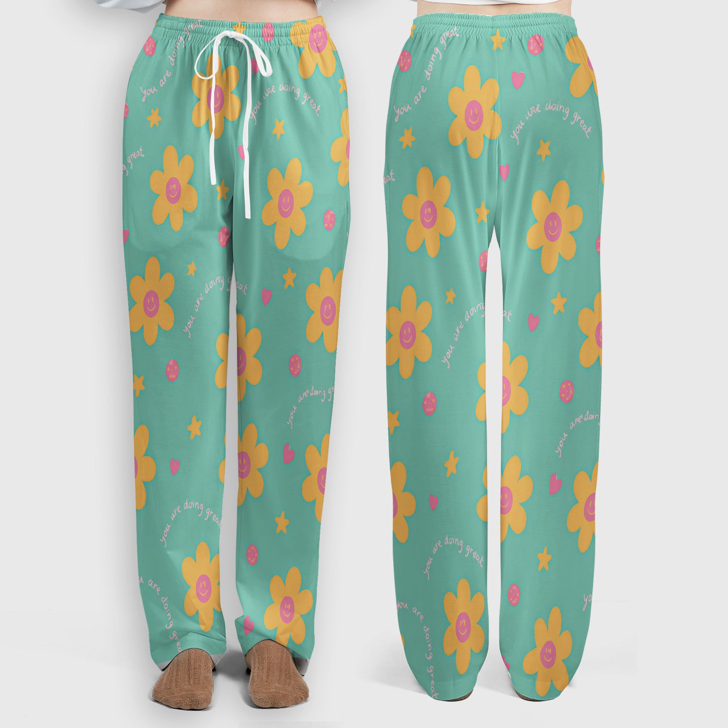 Cheerful Smiley Flower Pattern, Positive Medical Scrub Set, Scrub Pants and V Neck Top