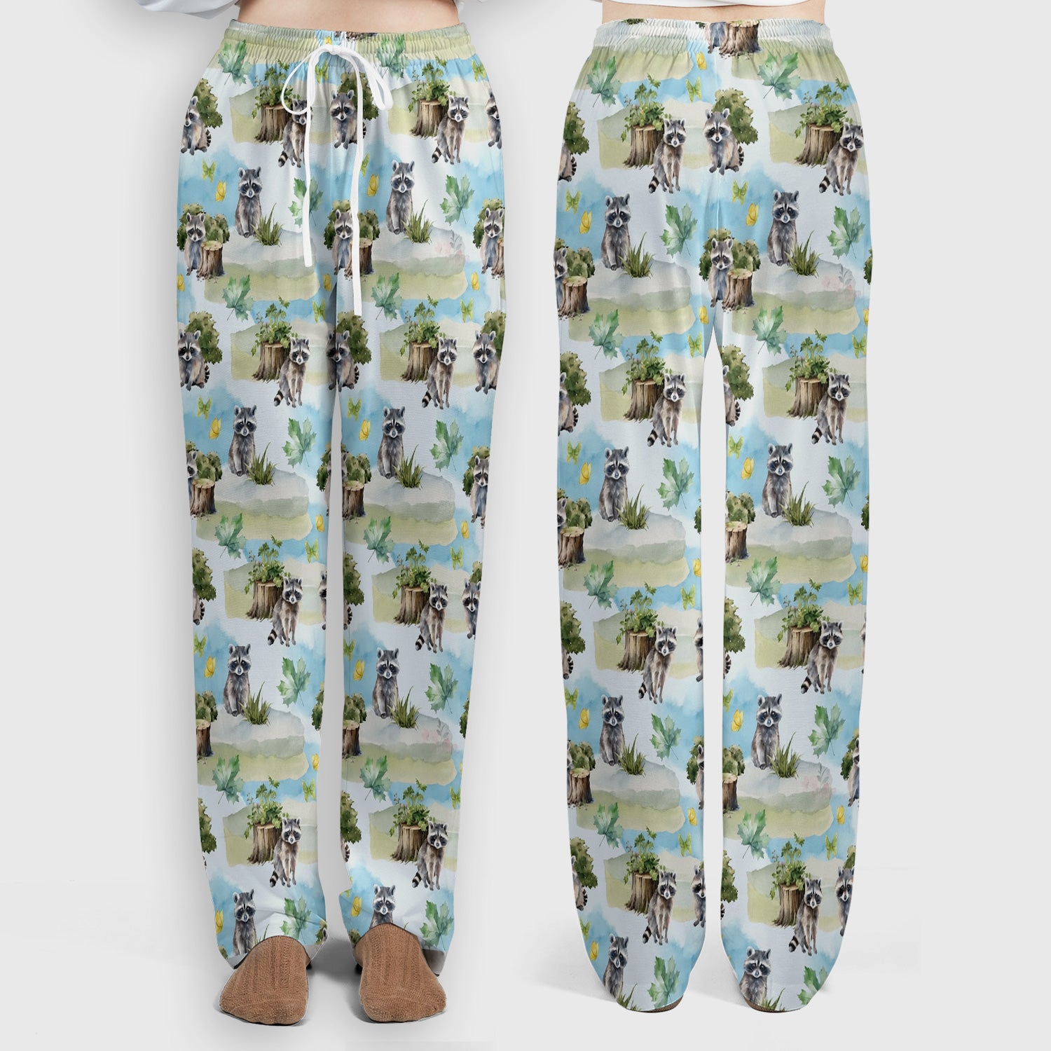 Cute Raccoon Woodland Print Scrub Set, Scrub Pants and V Neck Top