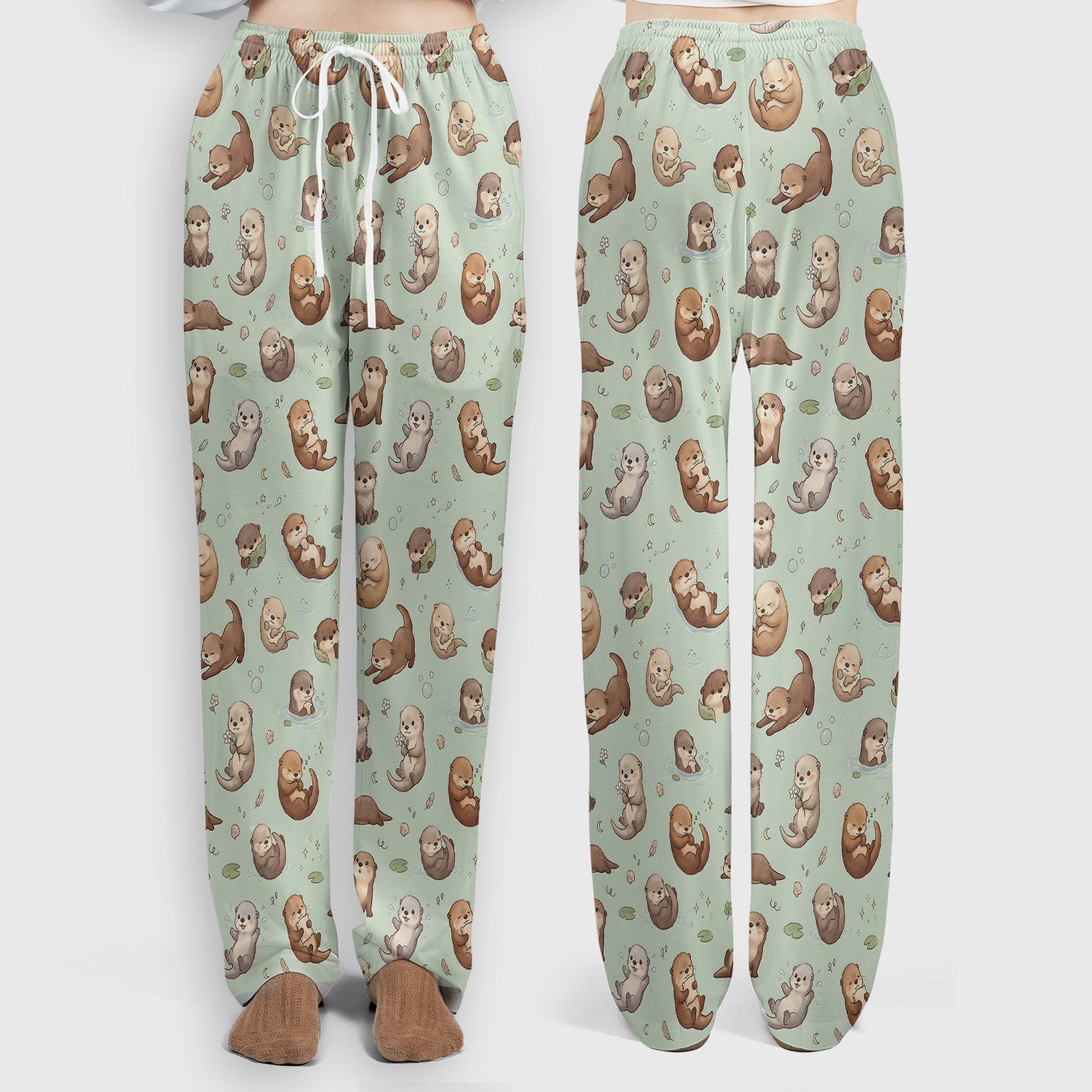 Cute Otter Pattern Scrub Set, Scrub Pants and V Neck Top