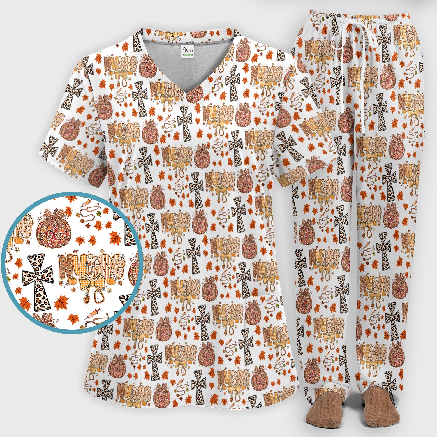 Floral Pumpkin Scrub Set for Women - Coquette Bow Thanksgiving Scrubs Pants and V Neck Top - Comfortable Medical Uniform