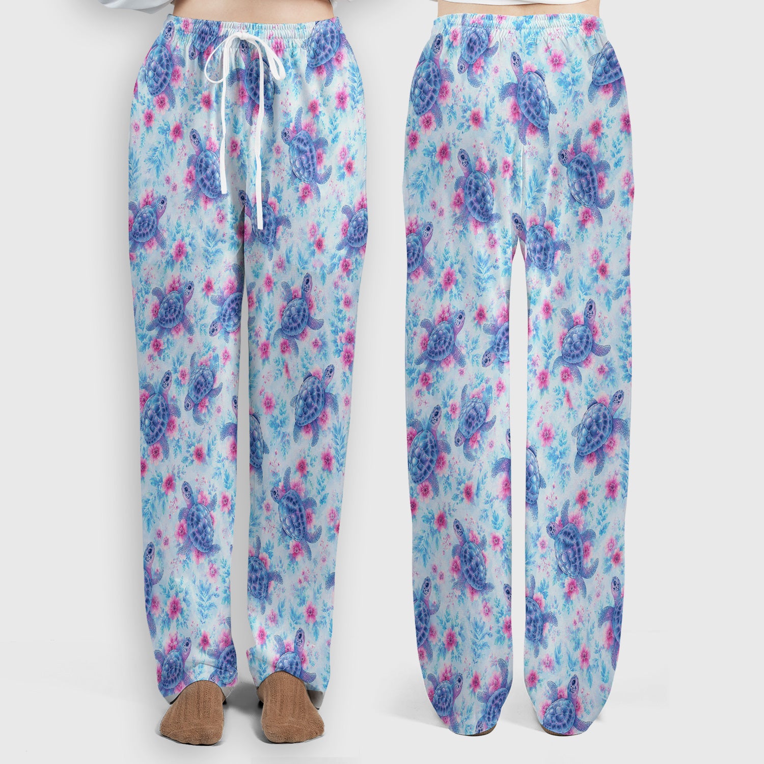 Cute Sea Turtle Floral Print Scrub Set, Scrub Pants and V Neck Top