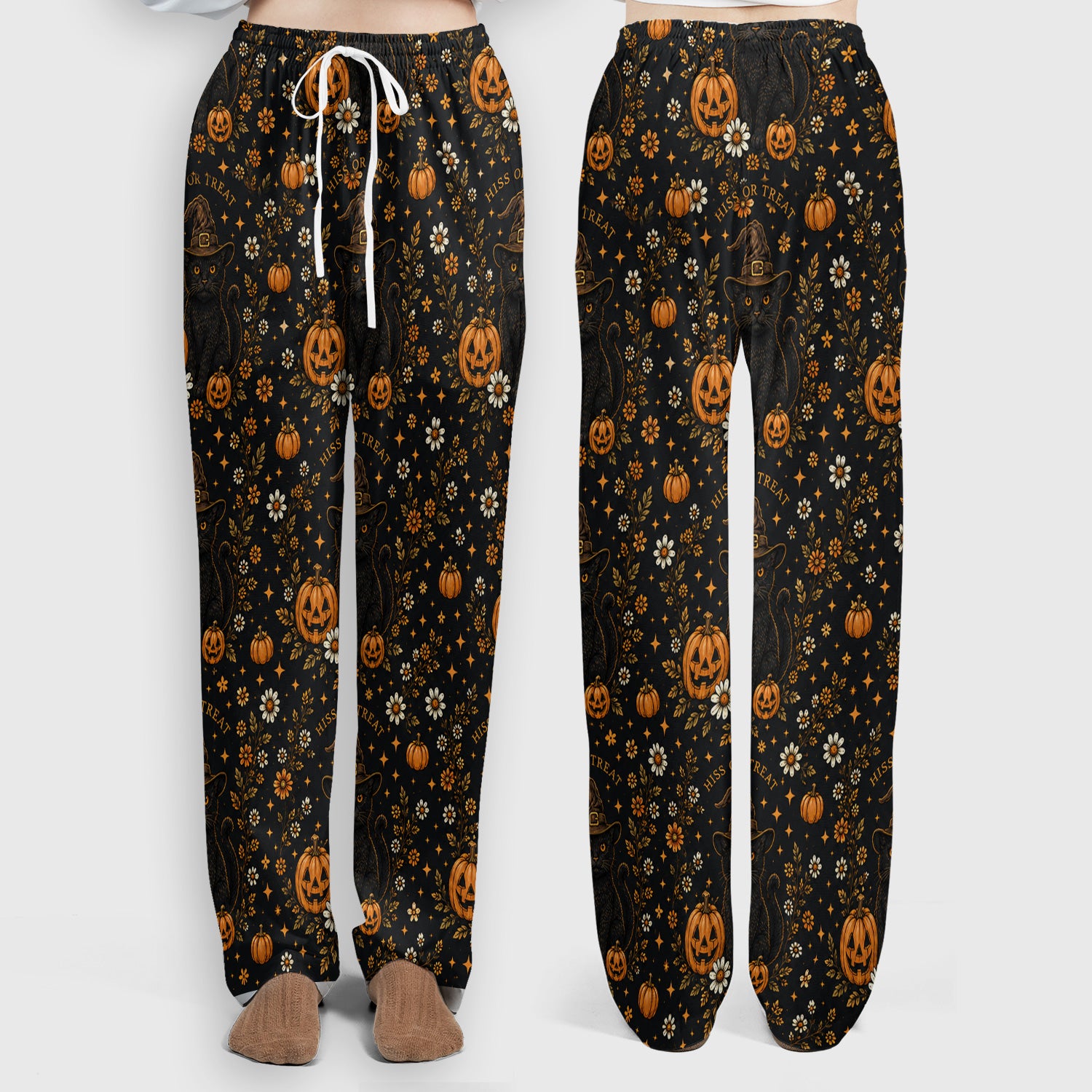 Halloween Black Cat Pumpkin Floral Scrub Set, Scrub Pants and V Neck Top