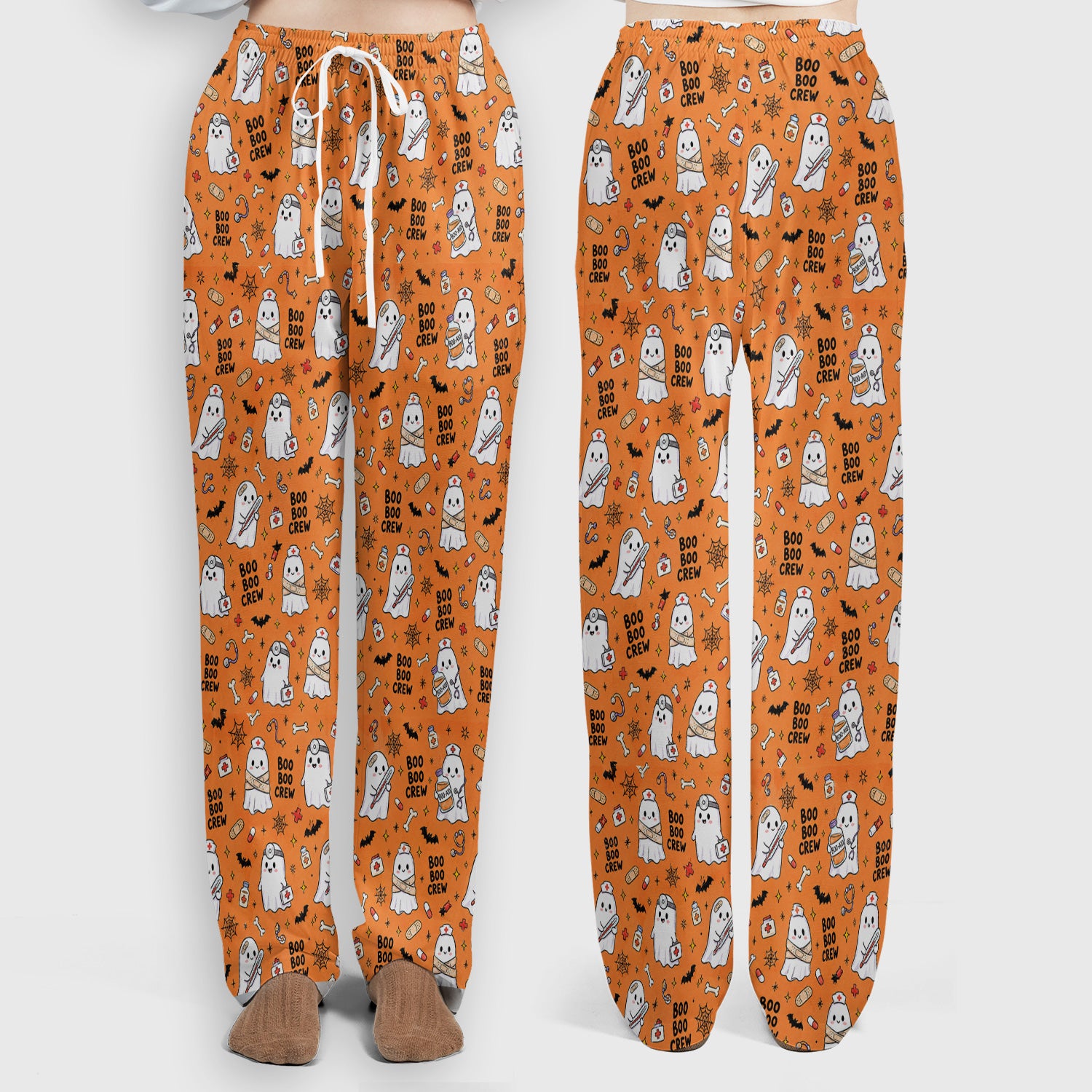 Cute Halloween Boo Boo Crew Ghost Scrub Set, Scrub Pants and V Neck Top