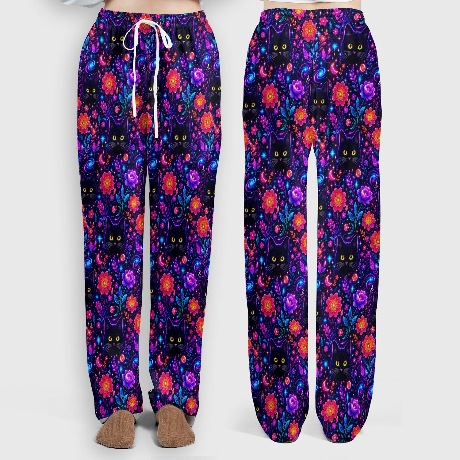 Galaxy Black Cat Floral Pattern Scrub Set, Scrub Pants and V Neck Top