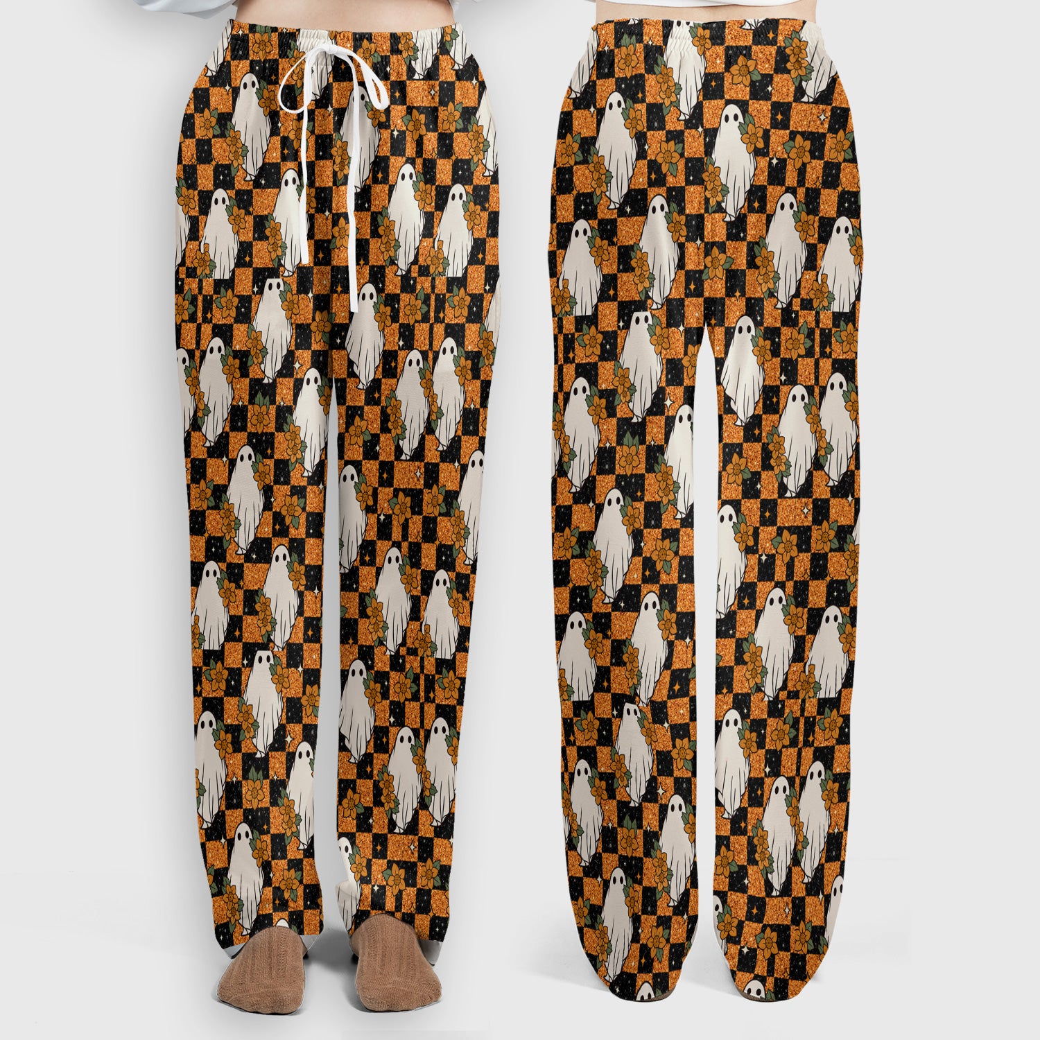 Spooky Halloween Ghost Checkerboard Scrub Set, Scrub Pants and V Neck Top