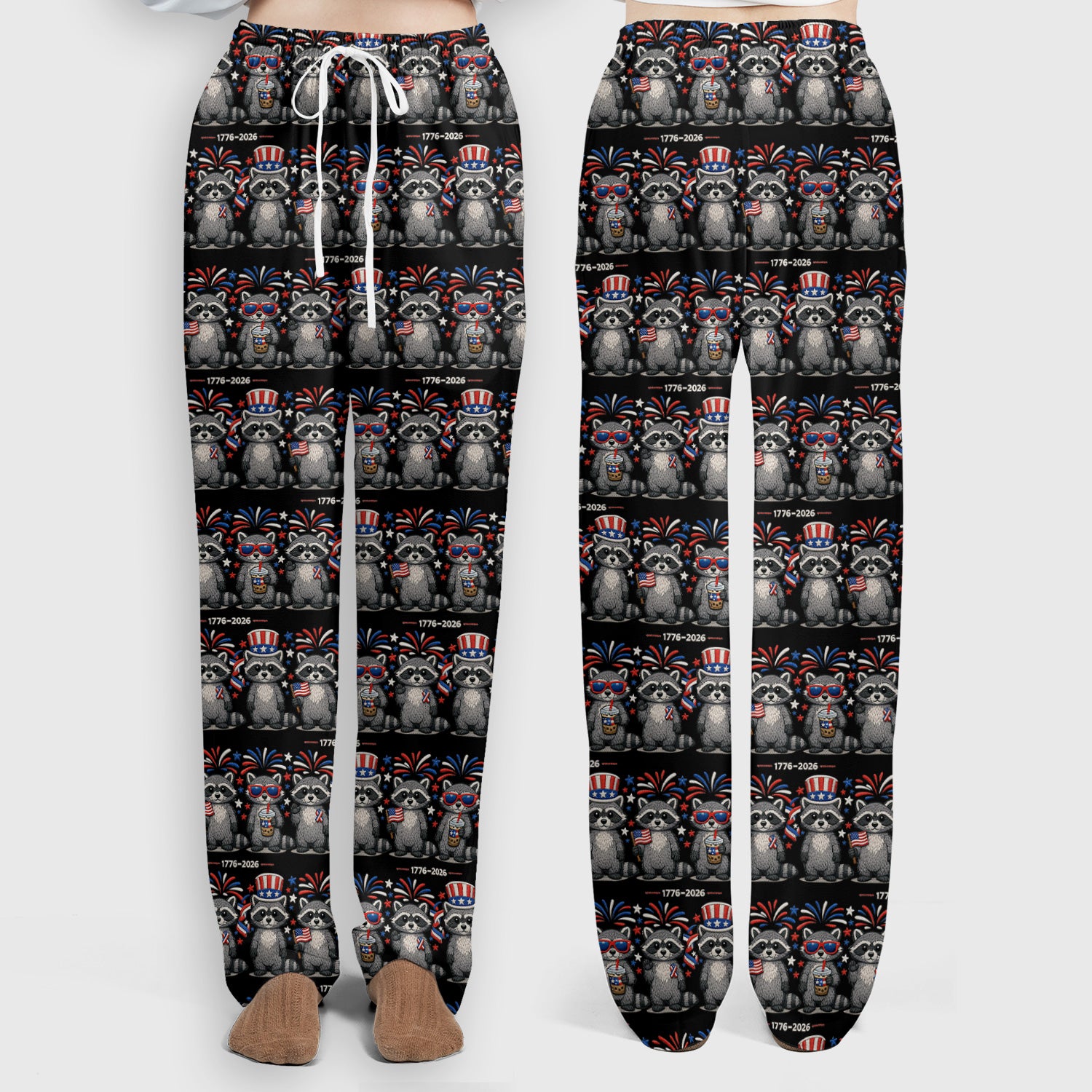 Patriotic Raccoon Fireworks Stripe Pattern Scrub Set, Scrub Pants and V Neck Top
