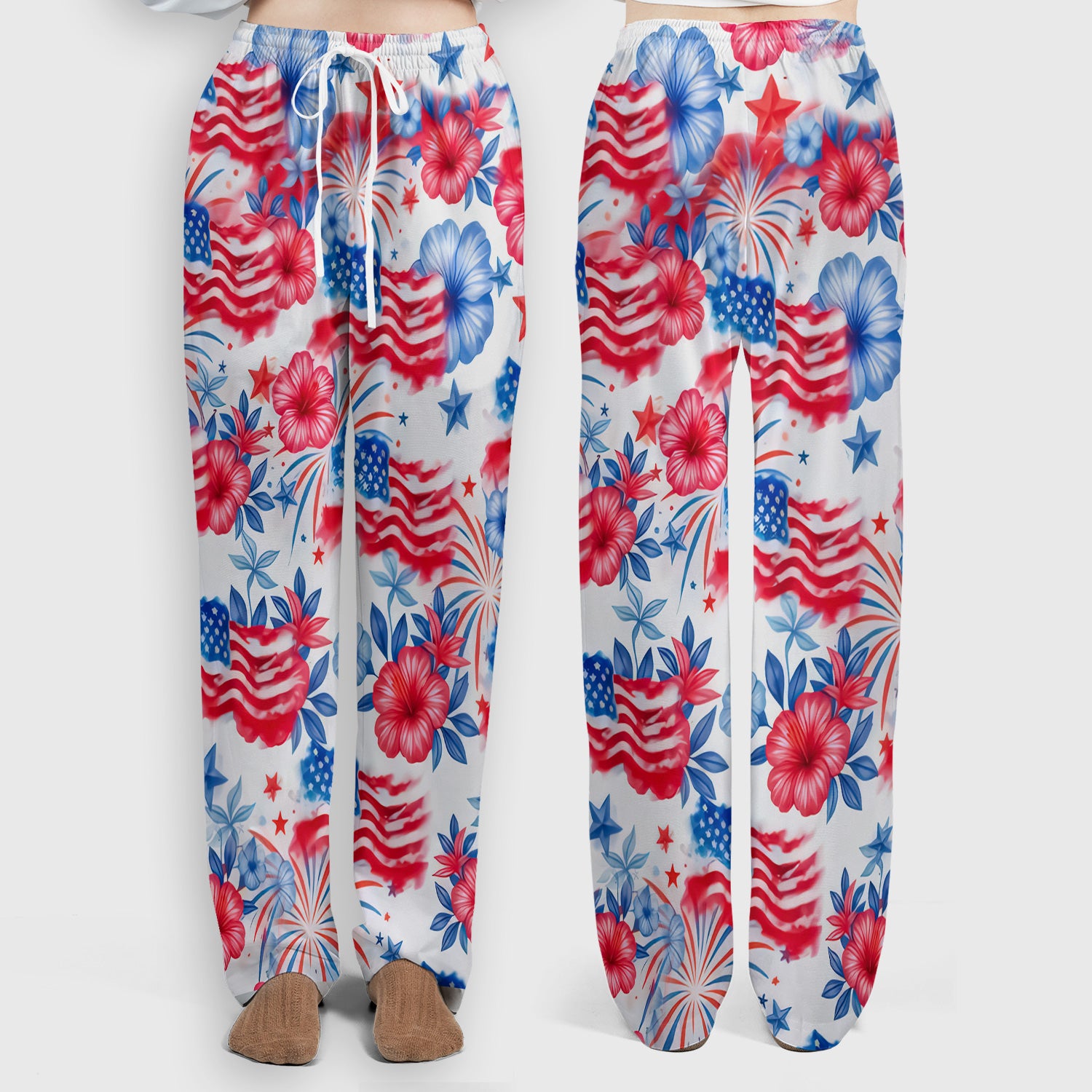 Patriotic American Flag Floral Pattern Scrub Set, Scrub Pants and V Neck Top
