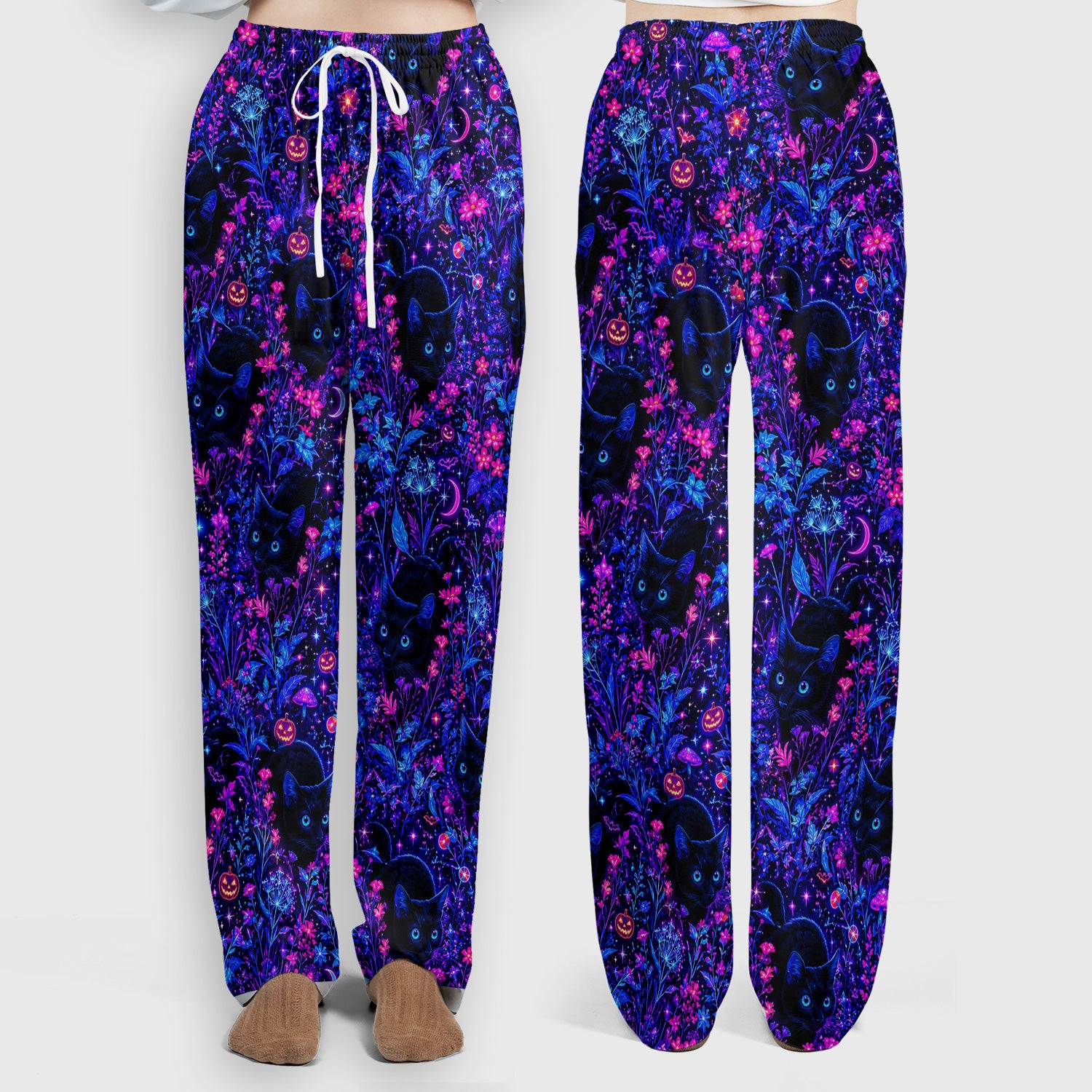 Spooky Black Cat Garden Pattern Scrub Set, Scrub Pants and V Neck Top
