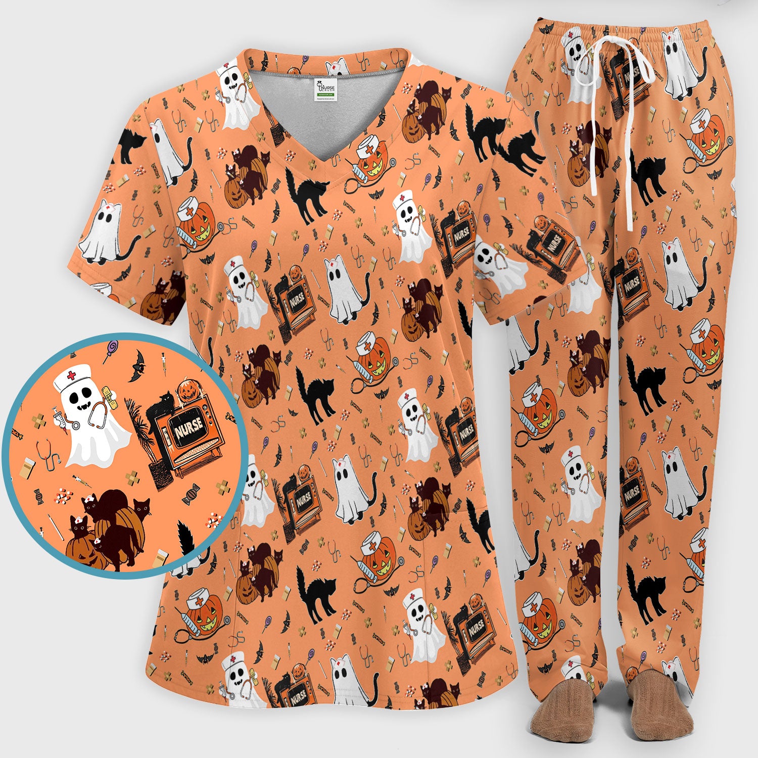 Halloween Scrub Set for Nurse - Cute Pumpkin Ghost Cat Medical Pants and V Neck Top - Spooky Uniform for Women RN CNA LPN