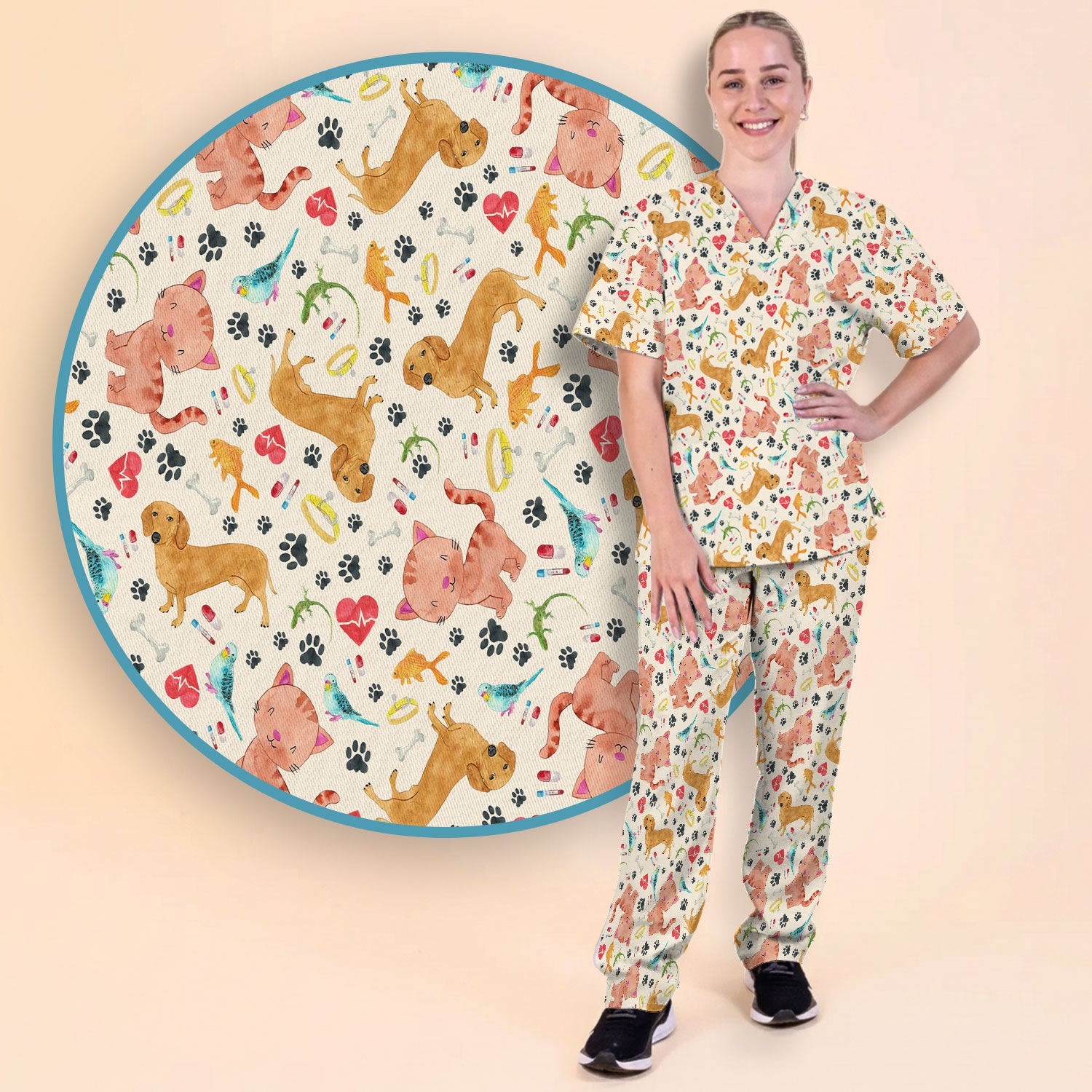 Cute Cat Dog Scrub Set - Animal Lover Medical Uniform - Funny Veterinary Nurse Gift for Women RN CNA LPN