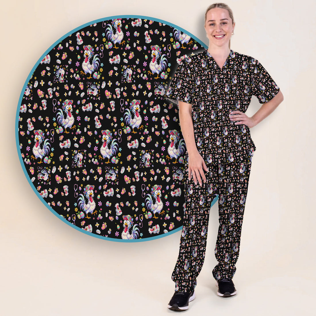 Funny Easter Nurse Chicken Pattern Scrub Set, Scrub Pants and V Neck Top