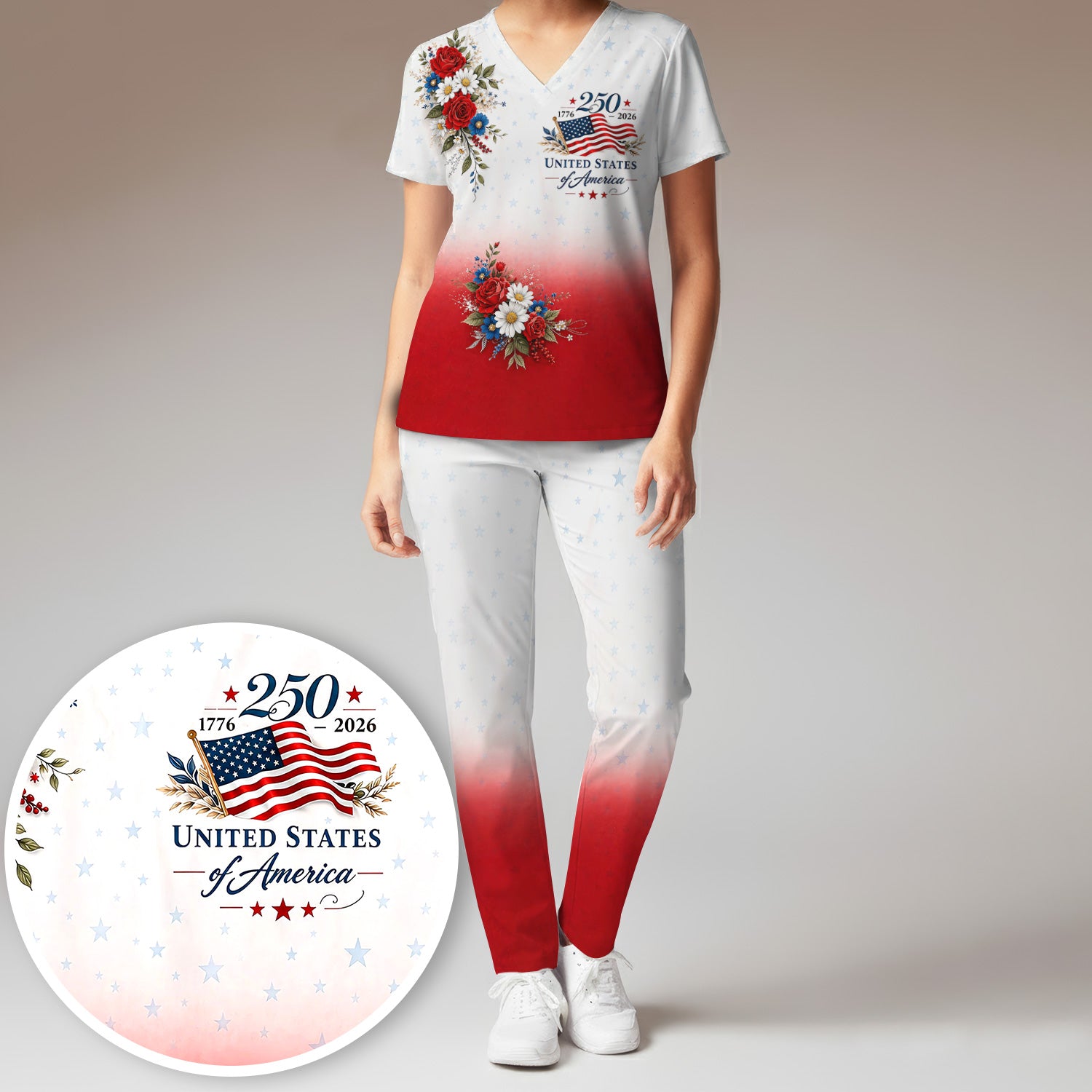 Patriotic 250th Flag Floral Pattern Scrub Set, Scrub Pants and V Neck Top