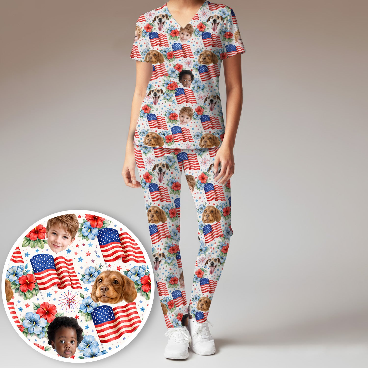 Custom Photo Patriotic Kids & Pet Faces Flag Nurse Scrub Set, Scrub Pants and V Neck Top