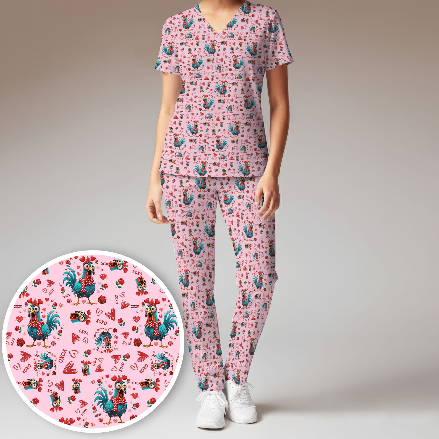 Funny Rooster Valentine Scrub Set, Cute Chicken XOXO Heart Pattern Nurse Shirt, Breathable Fabrics Nursing Uniform