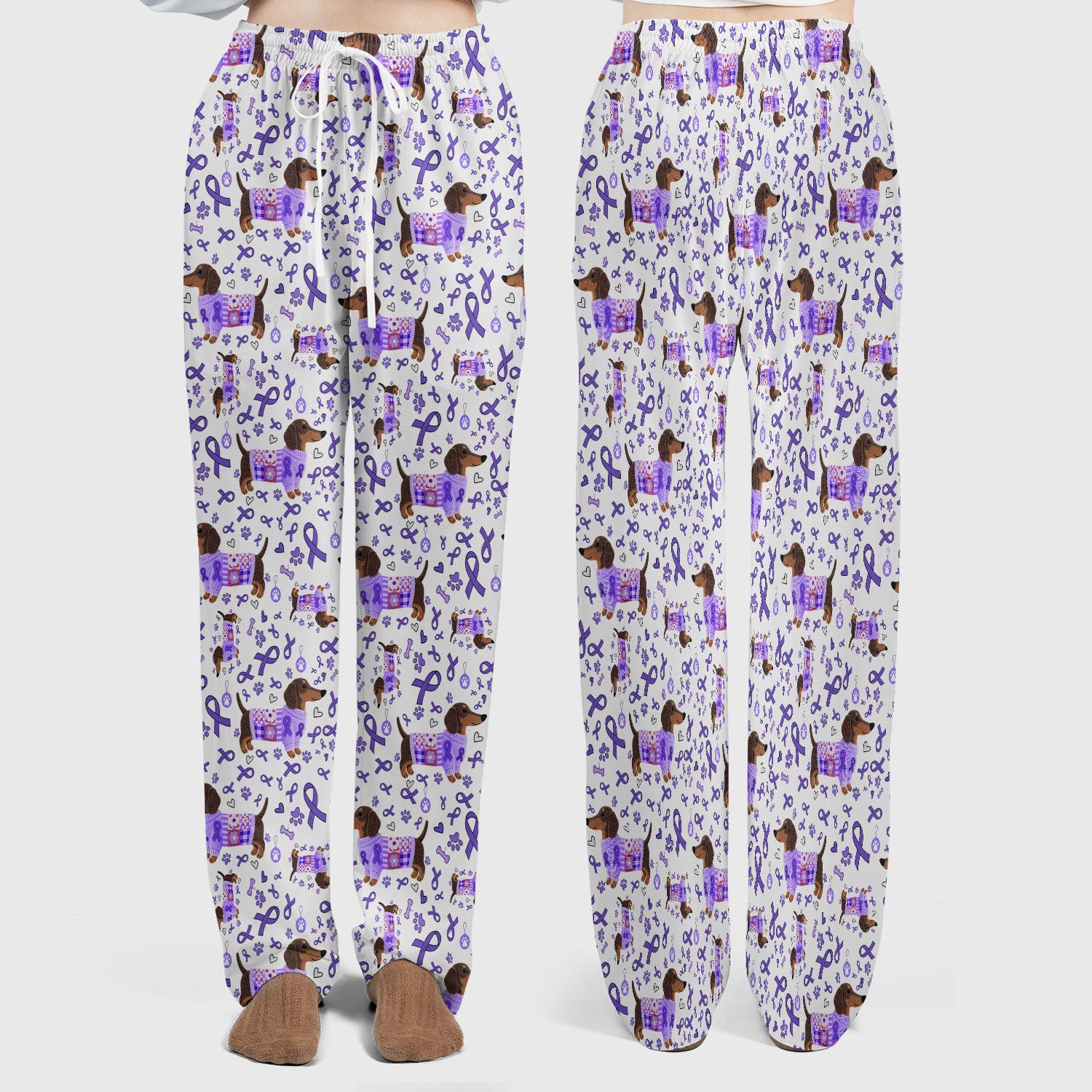 Purple Ribbon Dachshund Scrub Sets - Cute Awareness Dog Paw Prints Scrub Pants and V Neck Top - Support Lupus Cancer Med Uniform